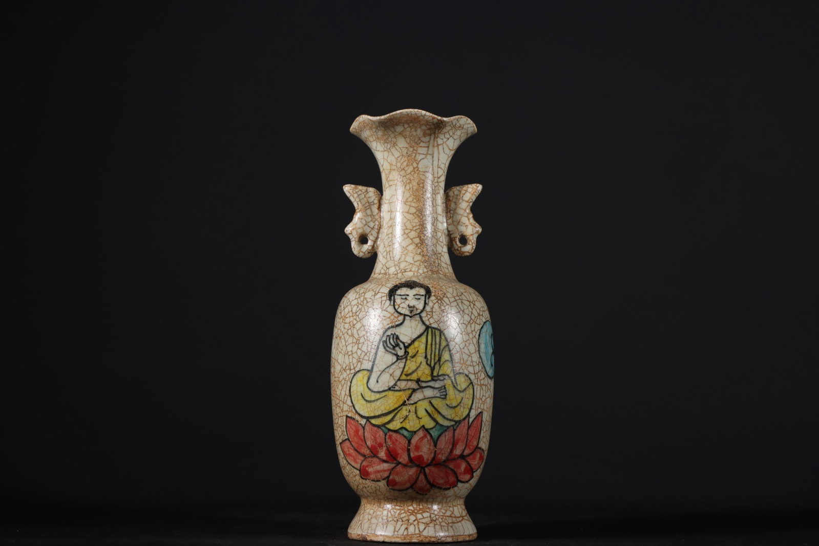An Exquisite Chai yao Jiacai Figure Pattern Double-Ears Vase: An Exquisite Chai yao Jiacai Figure Pattern Double-Ears Vase,Song Dynasty,China,Size:7.8inx3.1in 柴窑加彩人物纹双耳瓶,中国ध