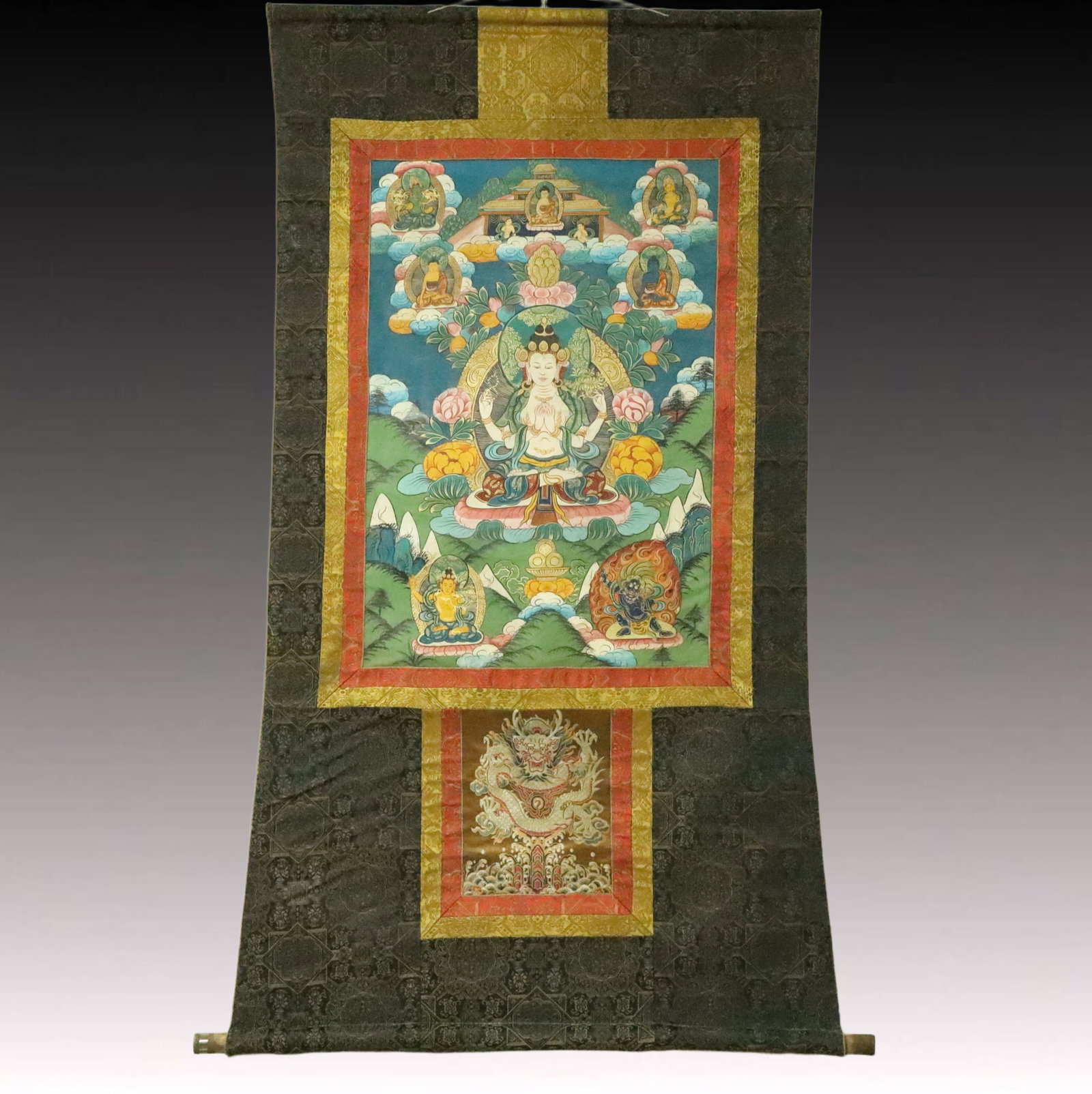 A Rare Brocade Painted Color Statue of Four-Armed Guanyin Tangka: A Rare Brocade Painted Color Statue of Four-Armed Guanyin Tangka,Qing Dynasty, China,Size:34.6inx60.2in 织锦彩绘四臂观音像唐卡,中