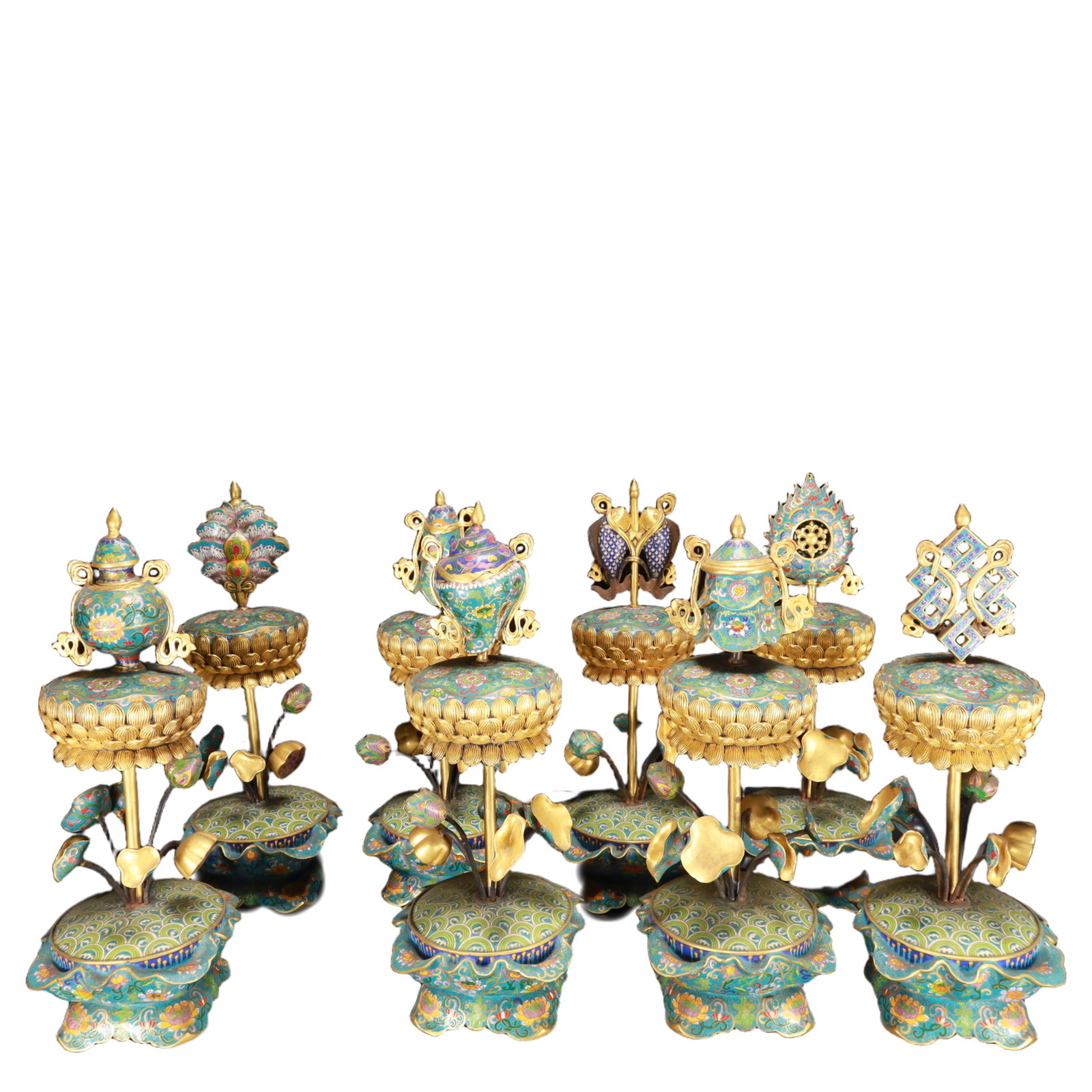 A Set of Fine Cloisonne Flower Pattern Eight Treasures Ornaments: A Set of Fine Cloisonne Flower Pattern Eight Treasures Ornaments,Qing Dynasty,China,Size:18.5inx7.5inx7.5in,Weight:44500g 一套景泰蓝花卉纹八ऩ