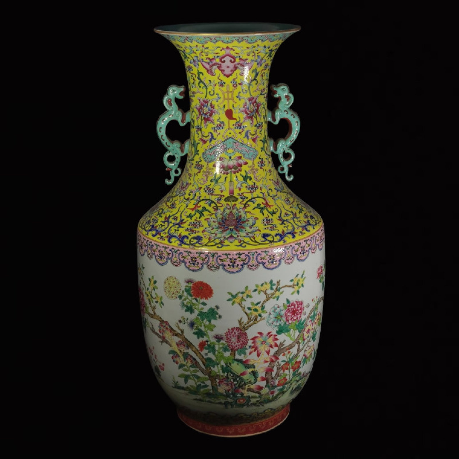A Huge Yellow Ground Famille-Rose Flower Pattern Double-Ears Vase: A Huge Yellow Ground Famille-Rose Flower Pattern Double-Ears Vase,Qing Dynasty,China,Jiaqing Six-Character Mark,Size:29.1inx10in 黄地粉彩花卉纹双耳