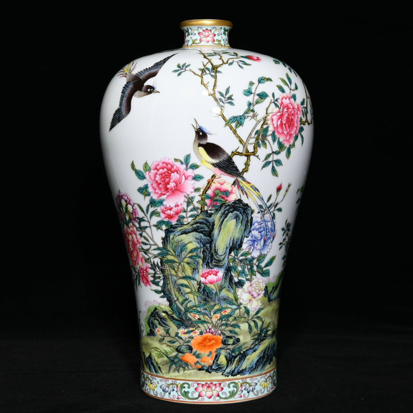 A Rare Famille-Rose Flower and Bird Pattern Vase,with poem: A Rare Famille-Rose Flower and Bird Pattern Vase,with poem,Qing Dynasty,China,Yongzheng Six-character Mark,Size:12.1inx7in 粉彩花鸟纹瓶,带诗文,
