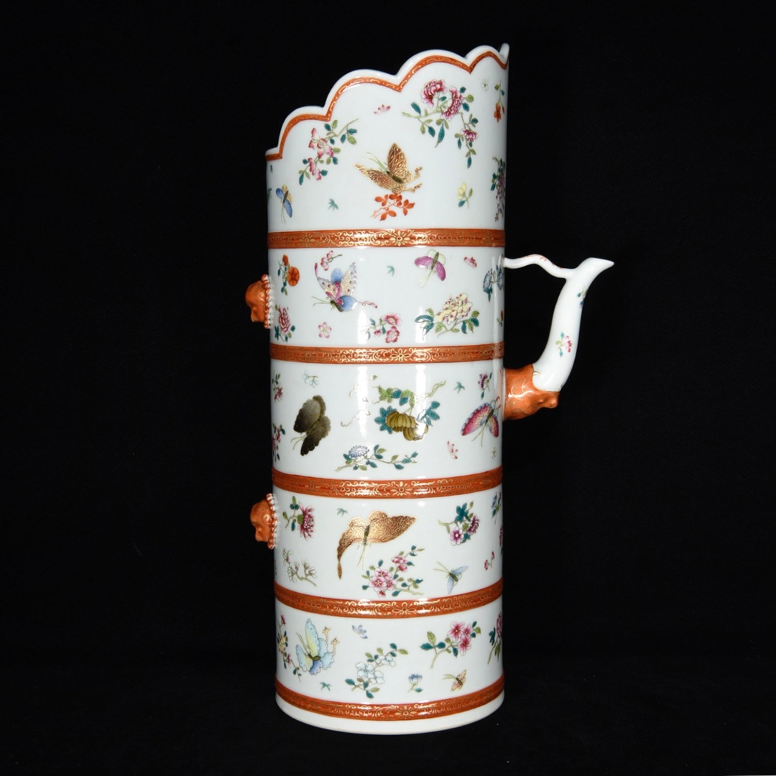 A Huge Famille-Rose Flower and Butterfly Pattern Pot: A Huge Famille-Rose Flower and Butterfly Pattern Pot,Qing Dynasty,China,Qianlong Six-Character Mark,Size:15.7inx5.9in 粉彩花卉蝴蝶纹壶,中国&