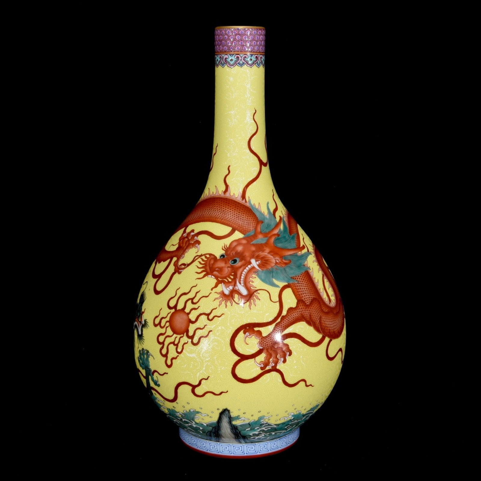 A Rare Famille-Rose Seawater and Dragon Pattern Vase: A Rare Famille-Rose Seawater and Dragon Pattern Vase,Qing Dynasty,China,Qianlong Six-Character Mark,Size:13.8inx7.5in 粉彩海水龙纹瓶,中国清&