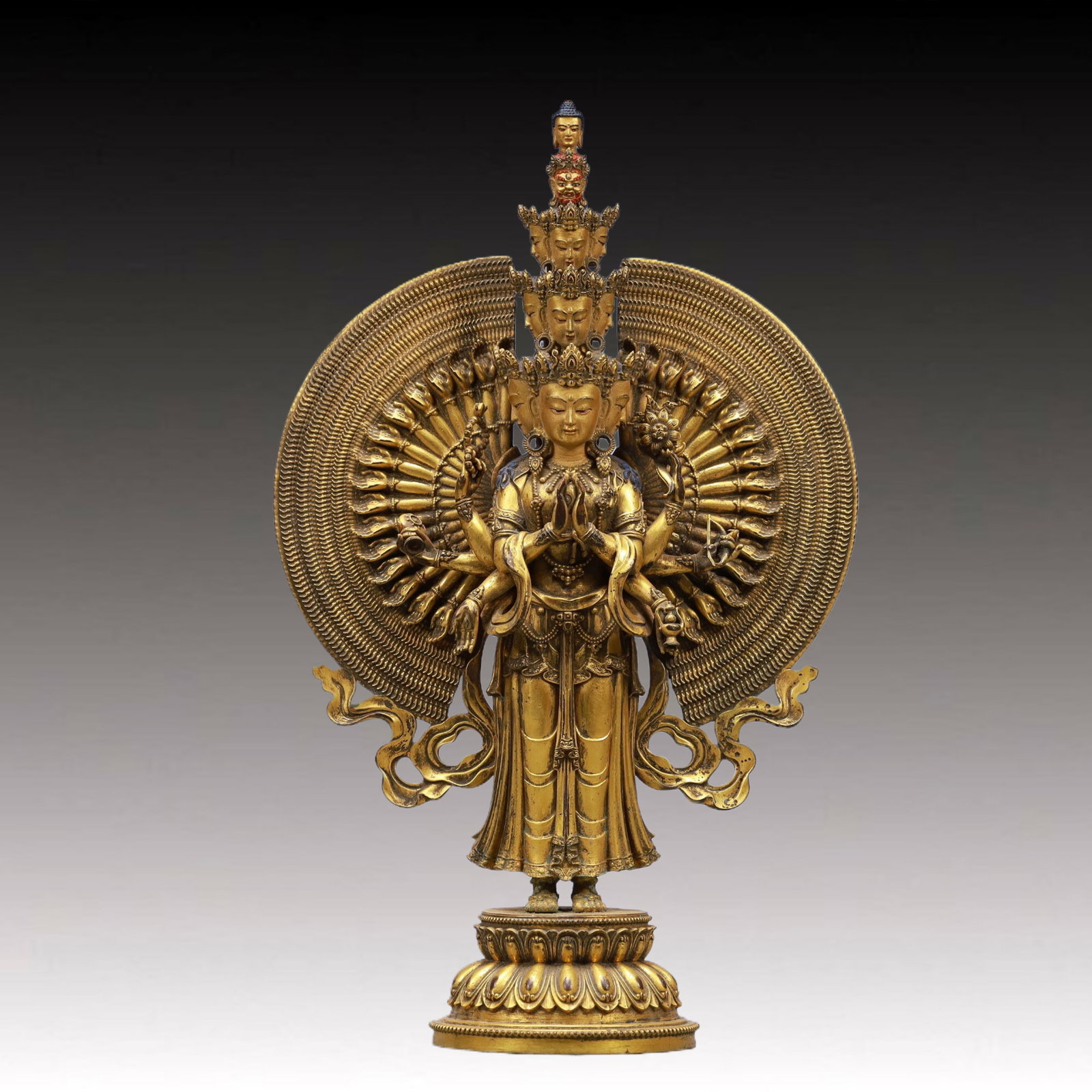A Solemn Gilt Bronze Statue of Thousand-hand Guanyin: A Solemn Gilt Bronze Statue of Thousand-hand Guanyin ,Ming Dynasty, China,Size:7.3inx3.3inx11.8inWeight:1550g