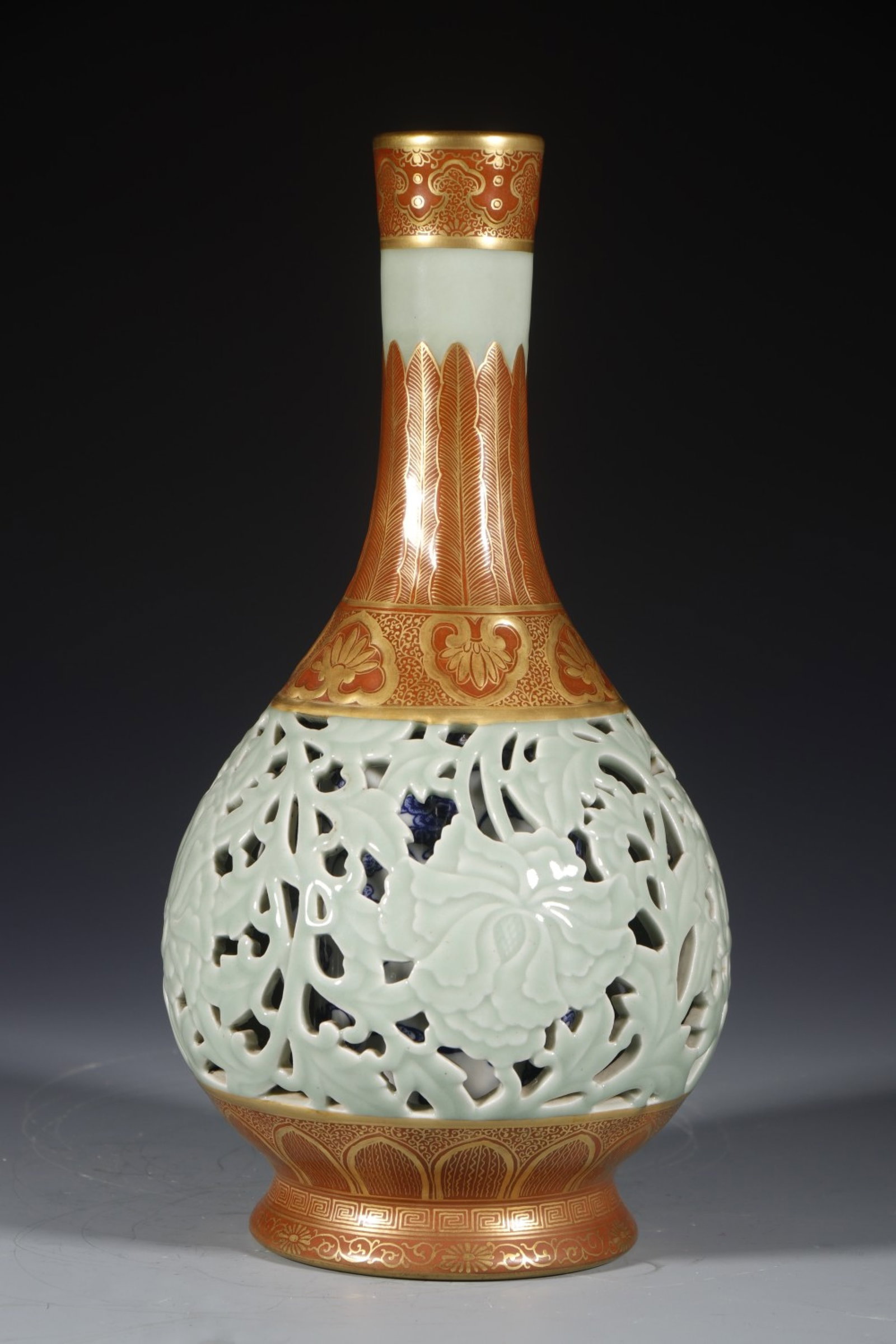 A Rare Shadow Blue Glazed Painted Gold Flower Pattern Vase: A Rare Shadow Blue Glazed Painted Gold Flower Pattern Vase,Qing Dynasty,China,Qianlong Six-character Mark,Size:12.2inx4.1in