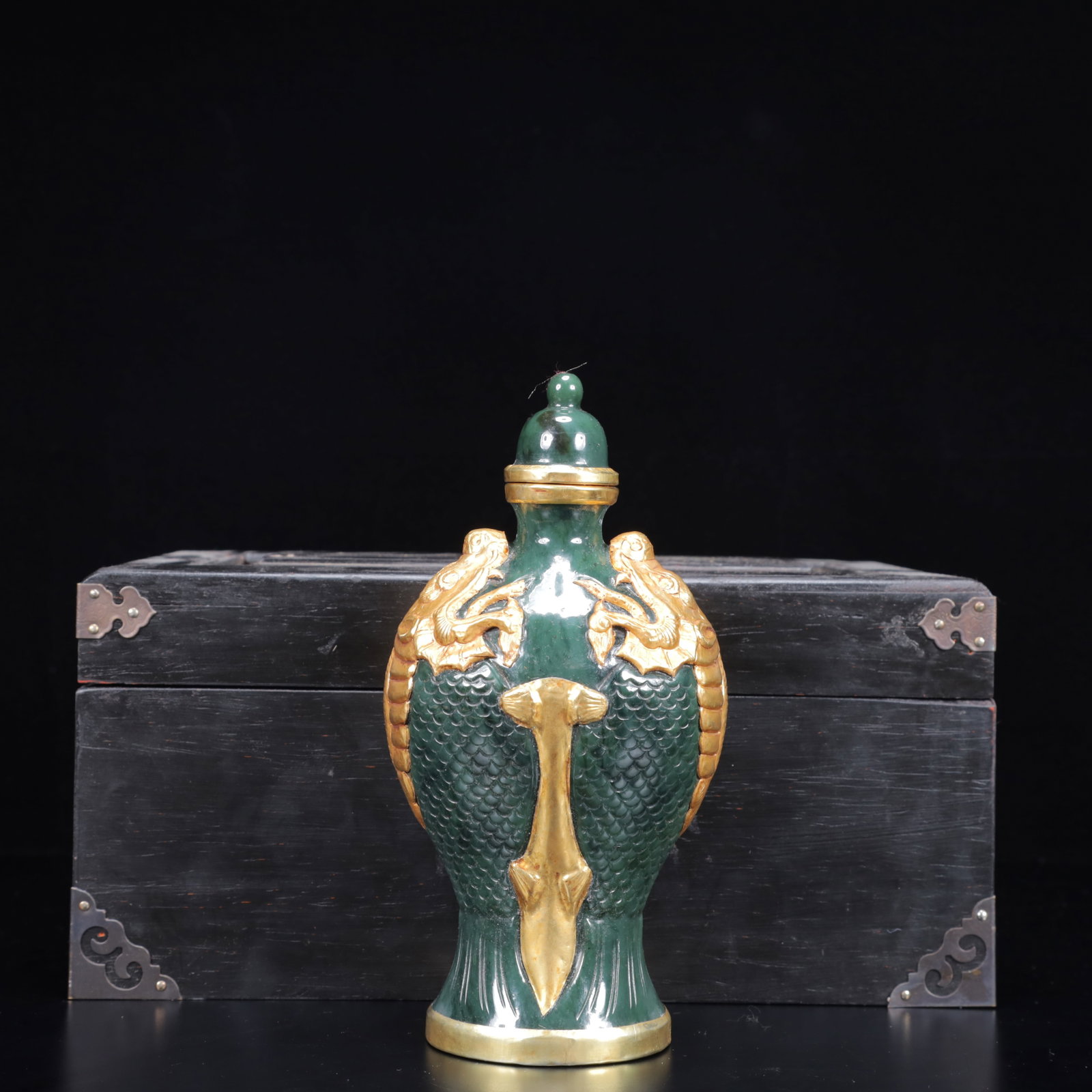An Exquisite Jasper Cover with Gold Fish Pattern Beast-Ears Bottle: An Exquisite Jasper Cover with Gold Fish Pattern Beast-Ears Bottle,Qing Dynasty,China,Size:(Bottle)4.3inx2.8inx7.9in,(Box)11.4inx7.5inx5.5in,Weight:677g 碧玉包金鱼纹