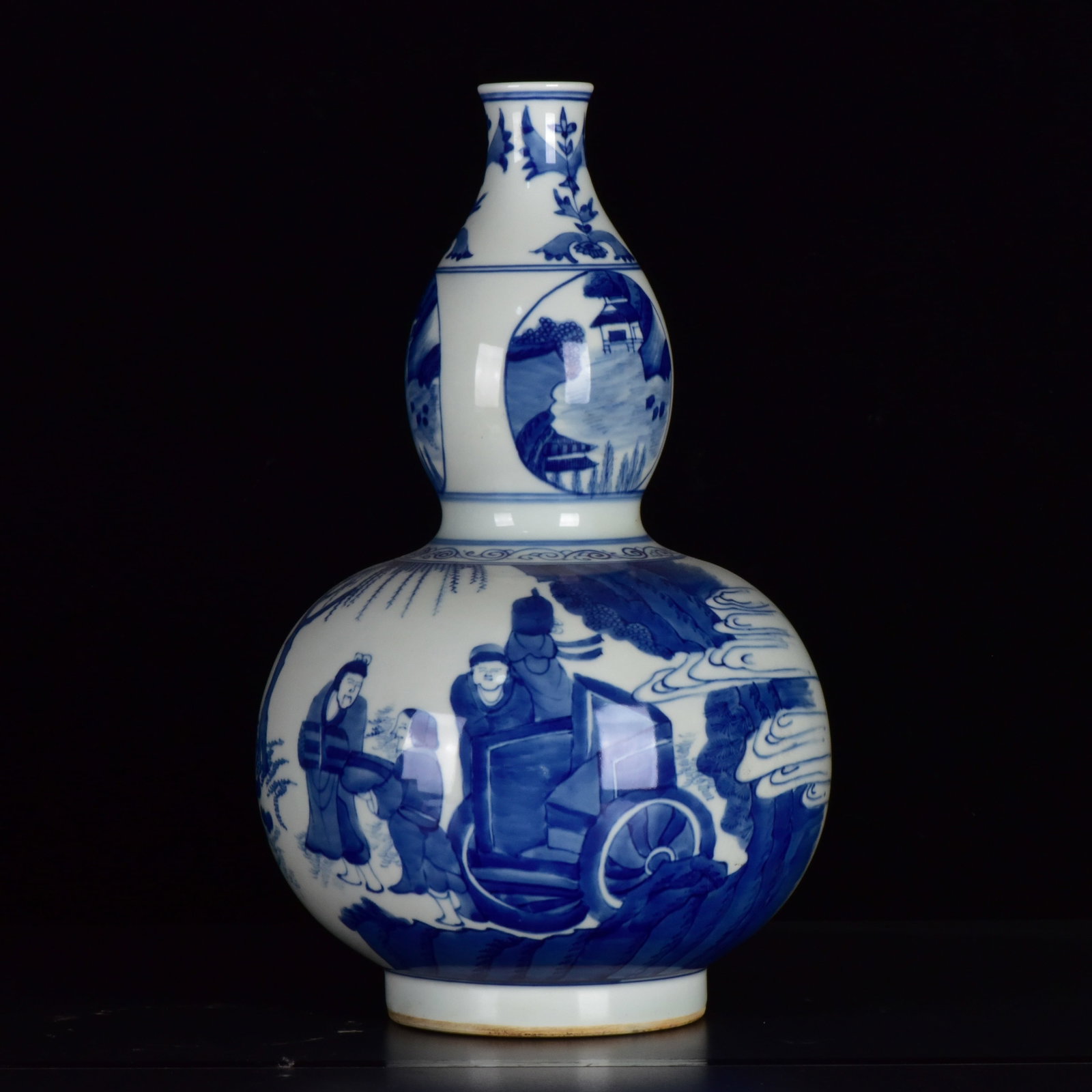 A Rare Blue and White Figure and Story Pattern Gourd-Shaped Vase: A Rare Blue and White Figure and Story Pattern Gourd-Shaped Vase,Ming Dynasty,China,Chongzhen Six-Character Mark,Size:14.2inx8.7in 青花人物故事纹葫Ŏ