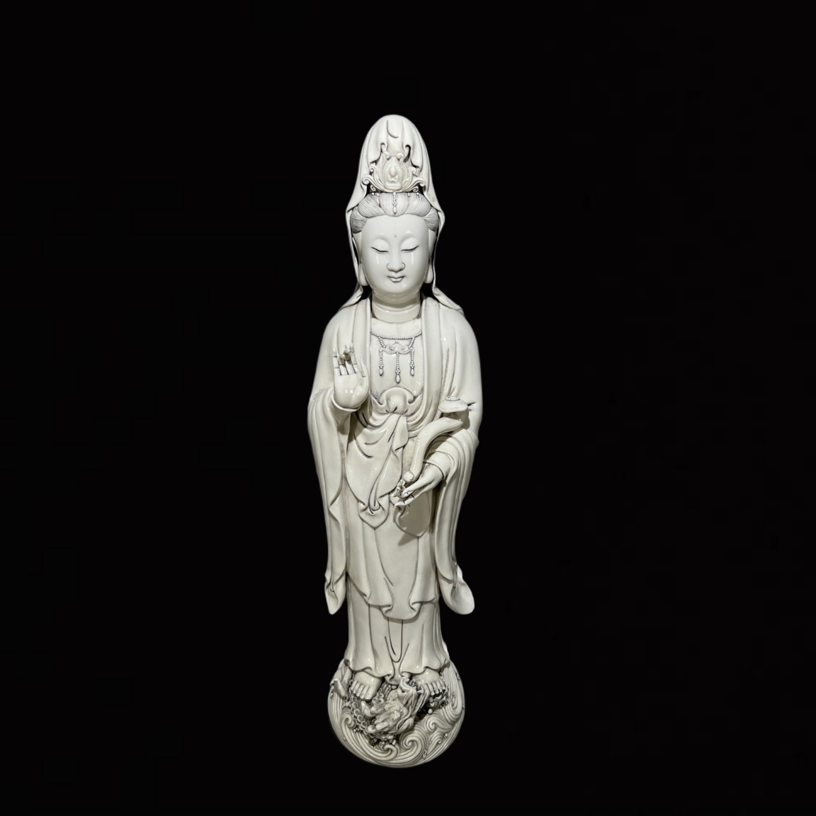 A Solemn Blance-De-Chine Statue of Avalokitesvara: A Solemn Blance-De-Chine Statue of Avalokitesvara,Ming Dynasty,China,He Chaozong Mark,Size:31.3in 德化瓷观音像,中国明代,何朝