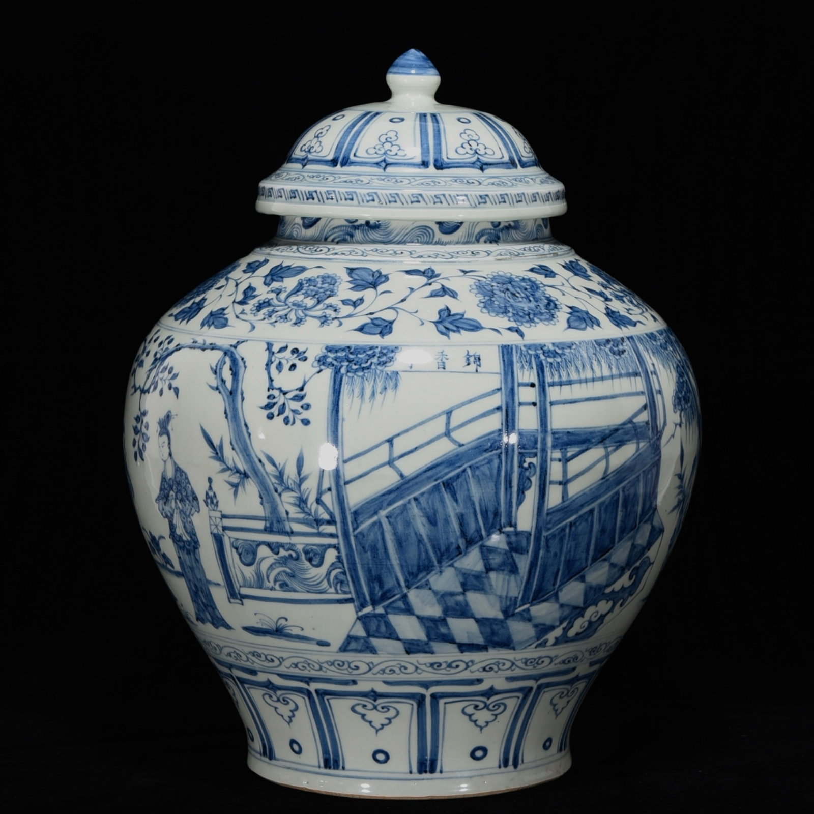A Huge Blue and White Character and Story Pattern Jar with Cover: A Huge Blue and White Character and Story Pattern Jar with Cover,Yuan Dynasty,China,Size:16.5inx13in