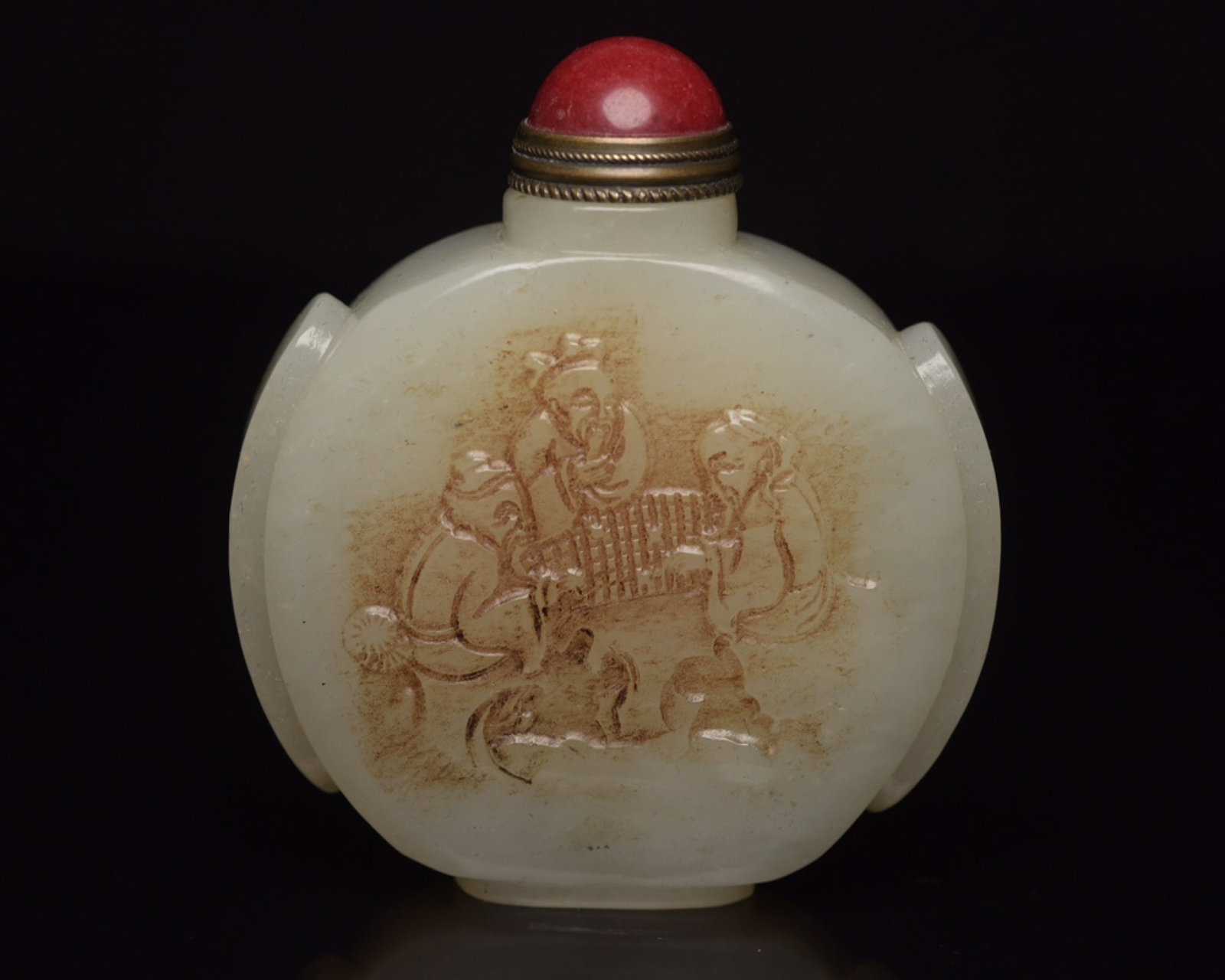 An Exquisite White Jade Character and Story Pattern Snuff Bottle,with poem: An Exquisite White Jade Character and Story Pattern Snuff Bottle,with poem,Qing Dynasty,China,Size:2.4inx2.2inx0.7in,Weight:97g 白玉人物故事纹鼻烟