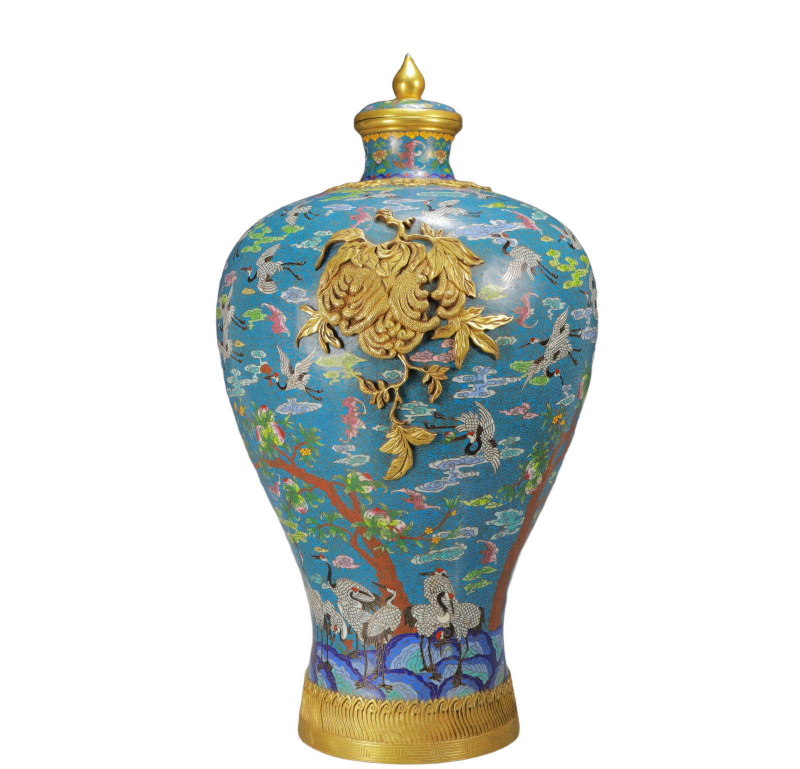 A Huge Cloisonne Crane and Peach Pattern Bottle: A Huge Cloisonne Crane and Peach Pattern Bottle,Ming Dynasty, China,Jingtai Four-character Mark,Size:11.8inx24in,Weight:22950g 景泰蓝鹤寿纹瓶带盖,