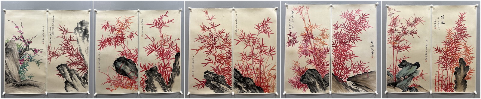 A Set of Chinese Ink Painting of Plum Blossom and Bamboo on Paper: A Set of Chinese Ink Painting of Plum Blossom and Bamboo on Paper,Qi Gong,Size:19.7inx39.4in 一套中国水墨梅竹画,启功