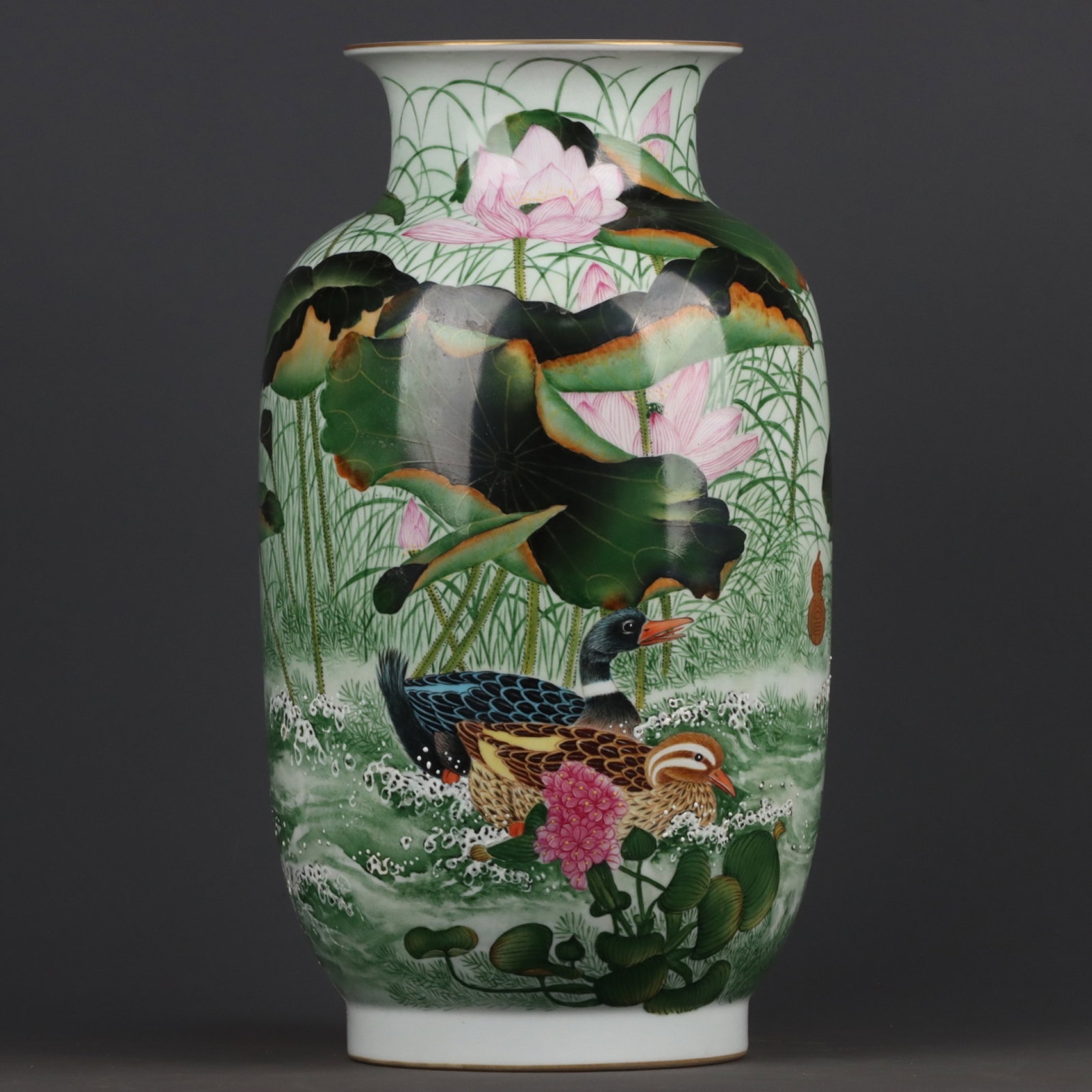 A Huge Enamel Painted Gold Lotus Leaf and Mandarin Duck Pattern Vase: A Huge Enamel Painted Gold Lotus Leaf and Mandarin Duck Pattern Vase,Qing Dynasty, China,Qianlong Six-character Mark,Size:16.1inx8.3in 珐琅彩描金荷叶鸳&