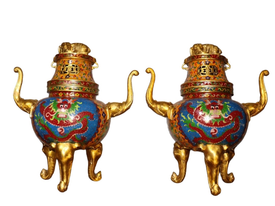 A Pair of Exquisite Gilt Bronze Cloisonne Auspicious Cloud and Dragon Pattern Double-Ears and Tripod: A Pair of Exquisite Gilt Bronze Cloisonne Auspicious Cloud and Dragon Pattern Double-Ears and Tripod Censers,Qing Dynasty,China,Qianlong Four-character Mark,Size:18.9inx15.7inx10.2in,Weight:16950g 