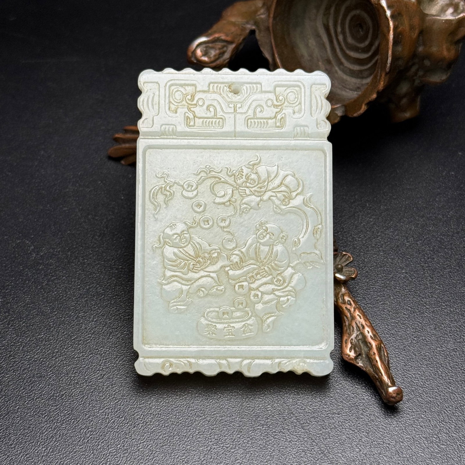 An Exquisite White Jade Character and Story Pattern Pendant,With Inscription: An Exquisite White Jade Character and Story Pattern Pendant,With Inscription,Qing Dynasty,China,Size:38mmx59mmx6mm,Weight:37g 白玉人物故事纹牌,带&