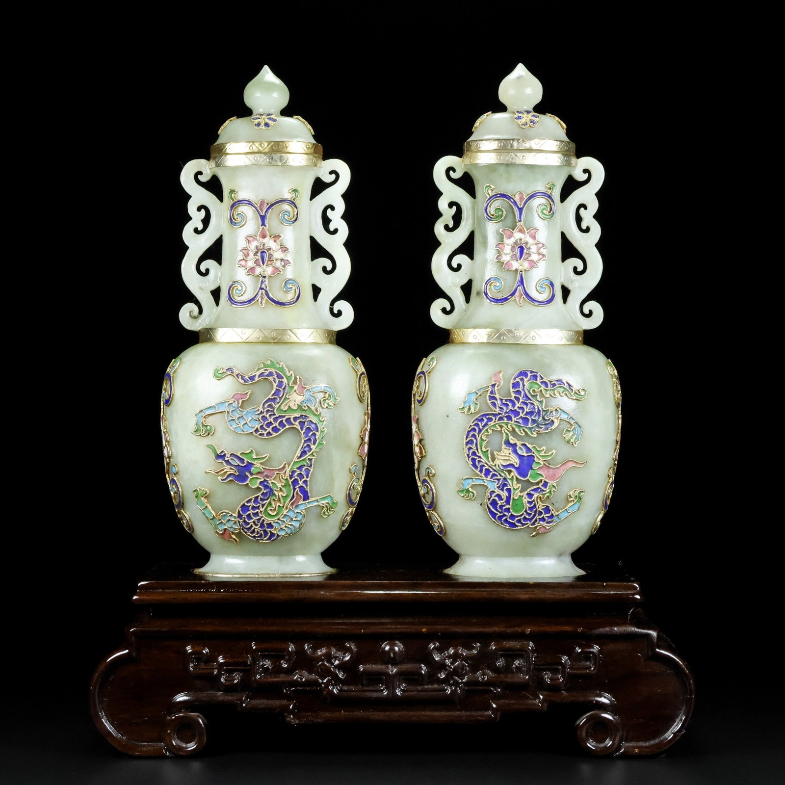 A Pair of Exquisite Cloisonne Inlaid White Jade Flower and Dragon Pattern Double-Ears Vases: A Pair of Exquisite Cloisonne Inlaid White Jade Flower and Dragon Pattern Double-Ears Vases,Qing Dynasty,China,Size:7.9inx3.3inx2.8in,Weight:995g 一对掐丝珐琅॔