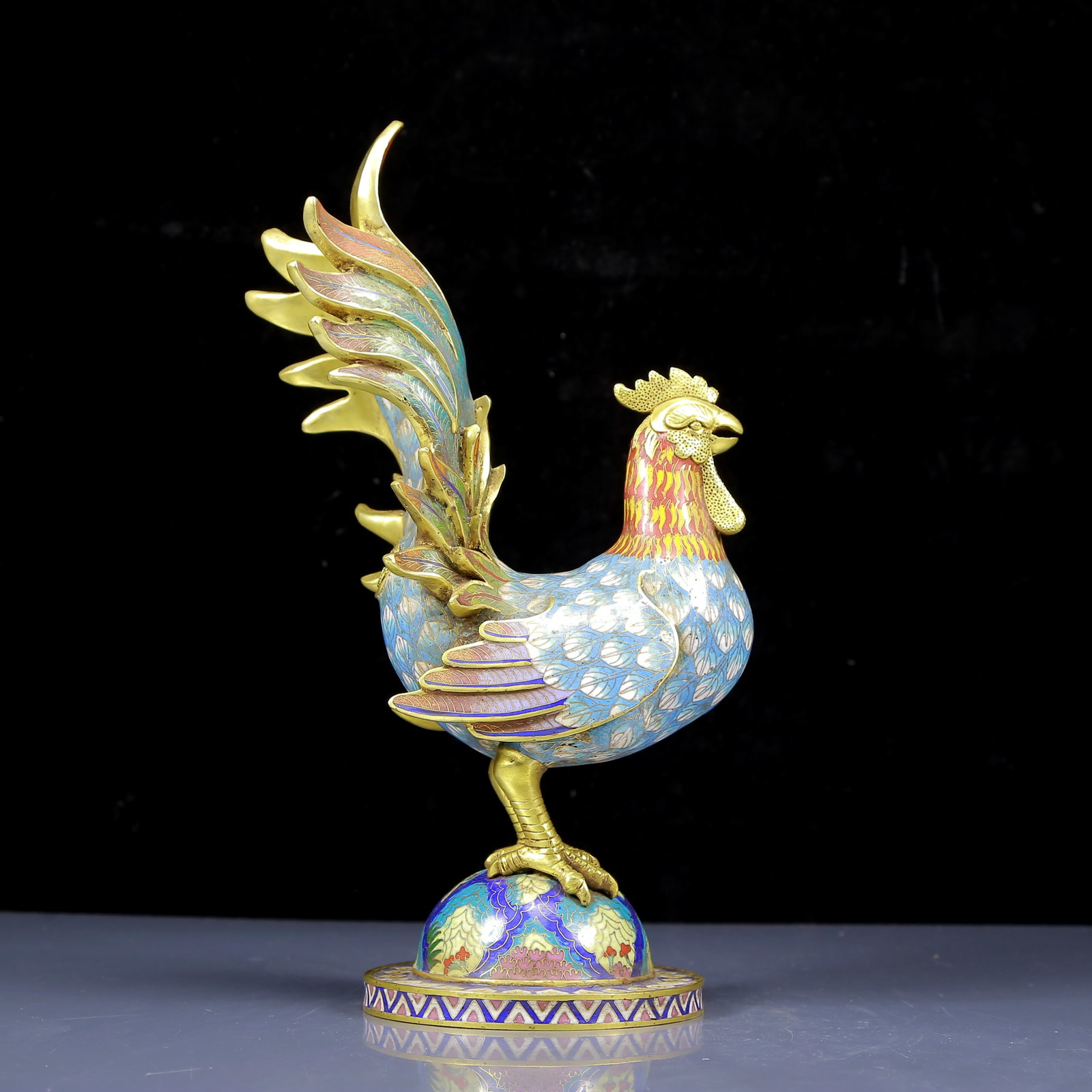 A Rare Cloisonne Chook Ornament: A Rare Cloisonne Chook Ornament,Qing Dynasty, China,Qianlong Four-character Mark,Size:7.1inx3.9inx13in,Weight:3510g 景泰蓝鸡摆件，清代，