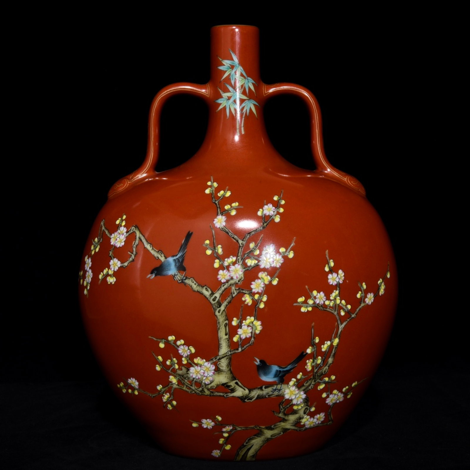 A Rare Iron-Red Famille-Rose Flower and Bird Pattern Double-Ears Vase: A Rare Iron-Red Famille-Rose Flower and Bird Pattern Double-Ears Vase,Qing Dynasty,China,Qianlong Six-Character Mark,Size:12.6inx9.1in 矾红粉彩花鸟纹双&