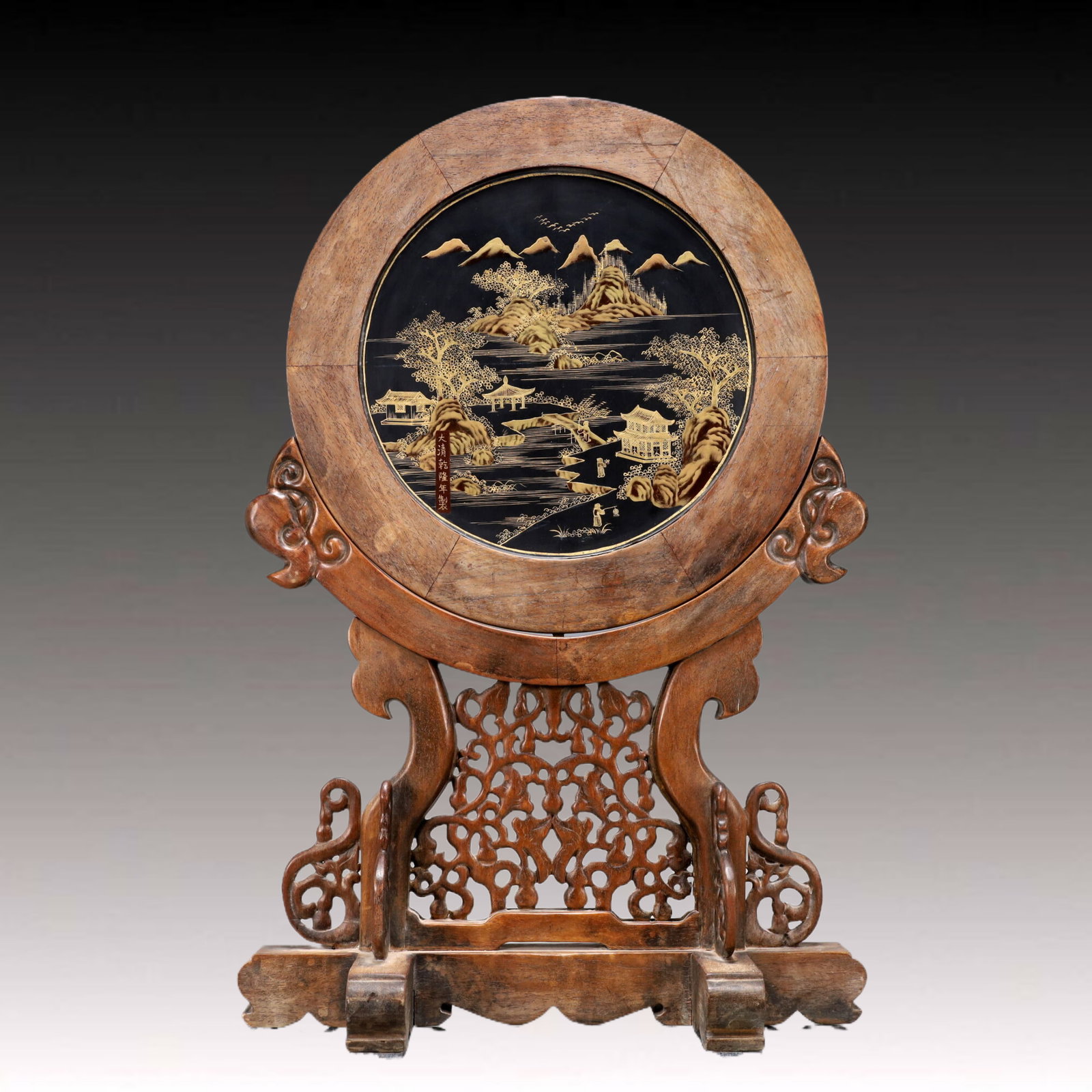 A Exquisite Huanghuali Wood Inlaid Carved Red Lacquer Landscape and Figure Pattern with poem Screen: A Exquisite Huanghuali Wood Inlaid Carved Red Lacquer Landscape and Figure Pattern with poem Screen , Qing Dynasty, China Qianlong Six-character Mark , Size:13inx5.9inx20.5in Weight:2050g 黄!