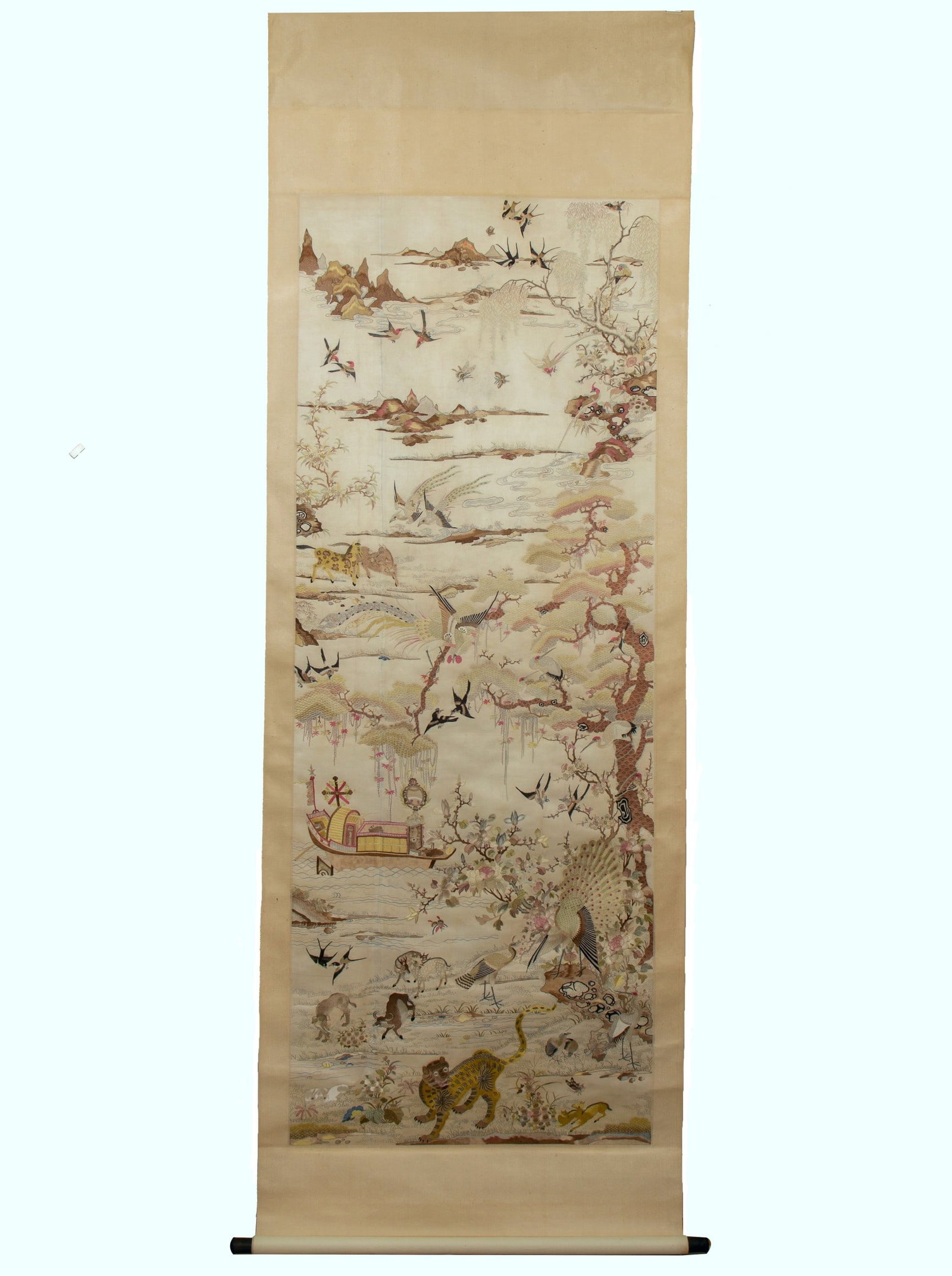 A Precious Animal and Landscape Pattern Embroidery: A Precious Animal and Landscape Pattern Embroidery, Qing Dynasty, China, Size: 89.4inx33.9in 山水动物纹粤绣，中国清代