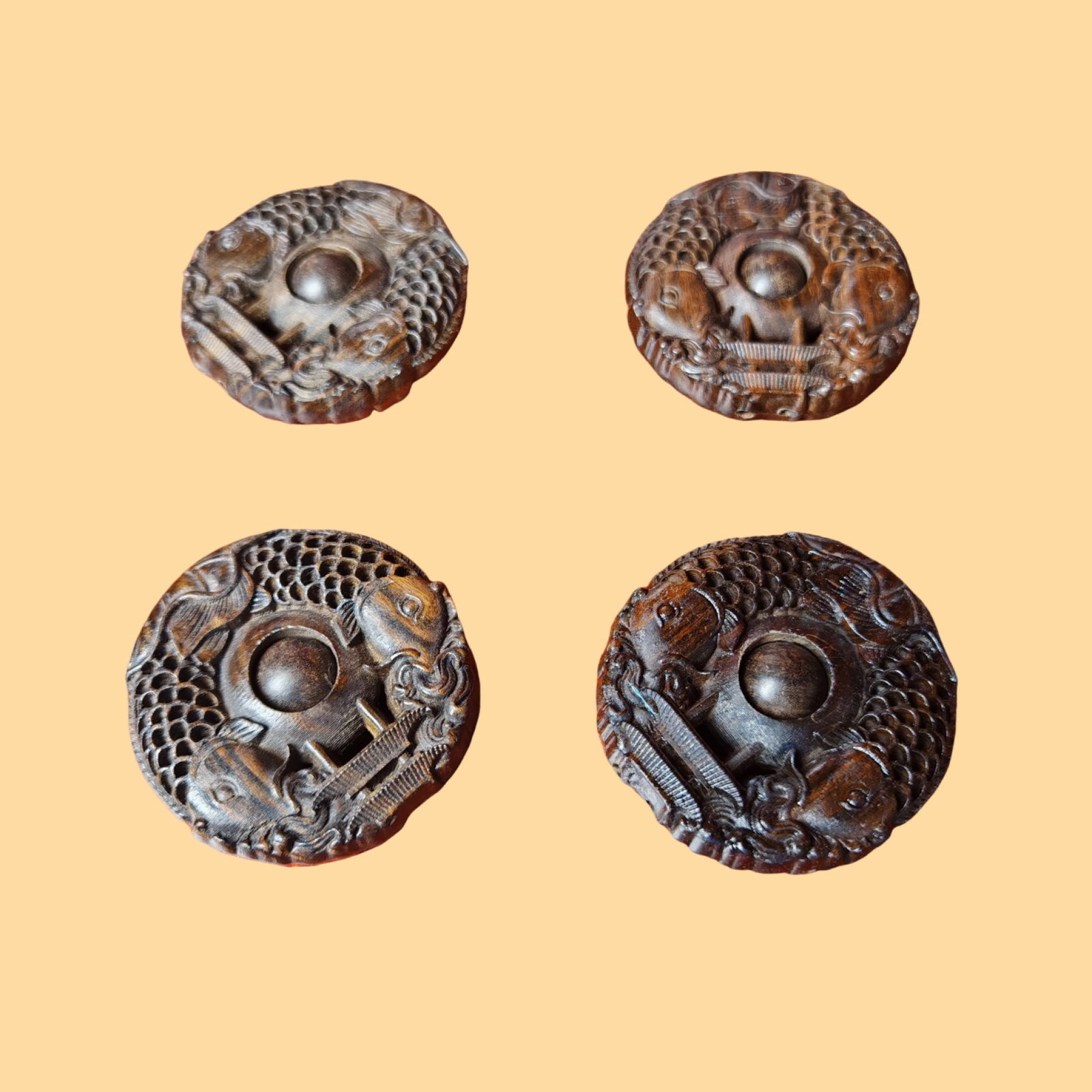 A Set of Rare Eaglewood Fish Pattern Pendants: A Set of Rare Eaglewood Fish Pattern Pendants,Qing Dynasty, China,Size:(Diameter)2.4in 一套沉香鱼纹牌子,中国清代
