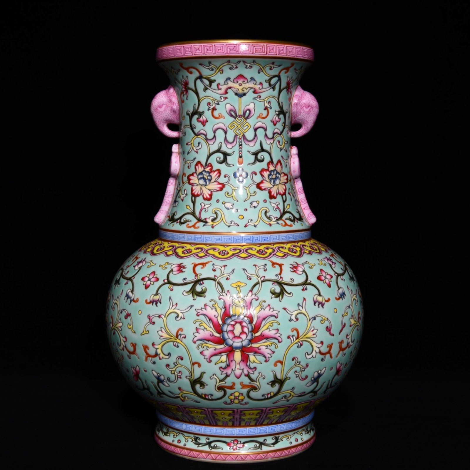 A Rare Green Ground Famille-Rose Lotus Pattern Elephant-Ears Vase (1 of 9)