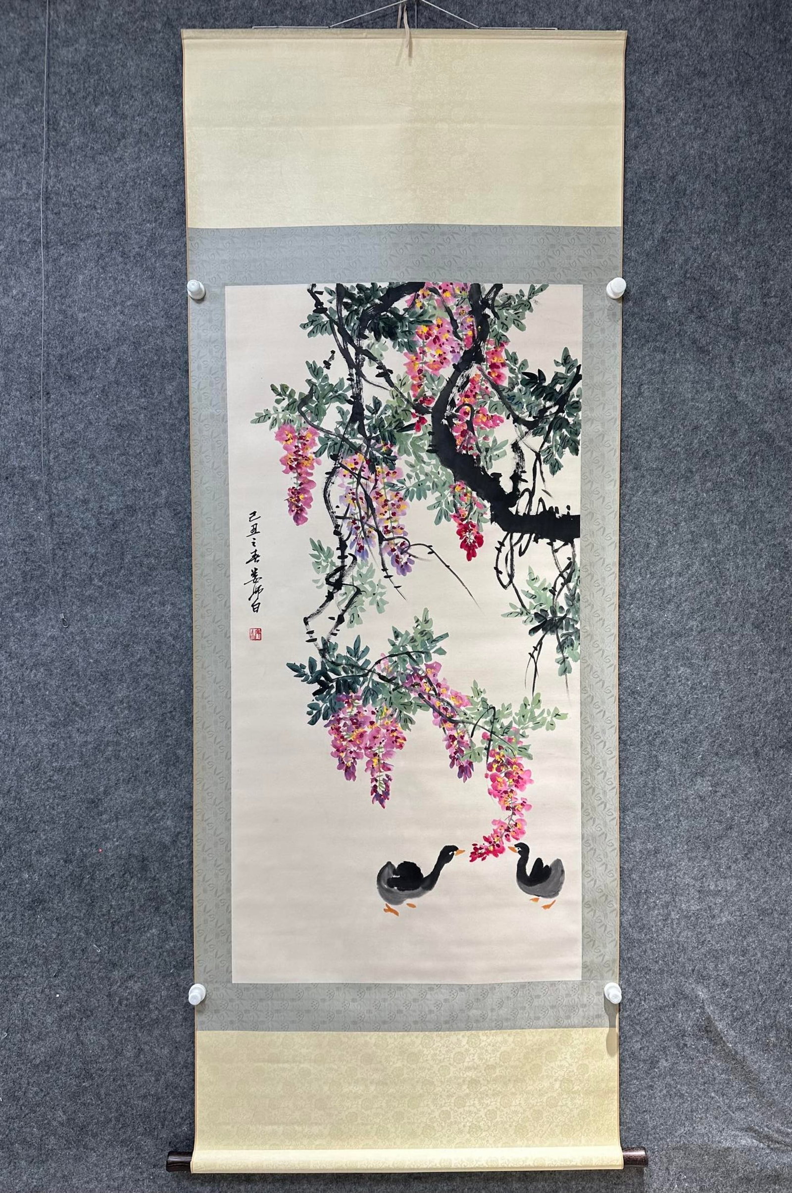 A Chinese Vertical Scroll Ink Painting of Flower on Paper: A Chinese Vertical Scroll Ink Painting of Flower on Paper,Lou Shibai,Size:27.4inx53.9in 一幅中国水墨花卉画立轴,娄师白