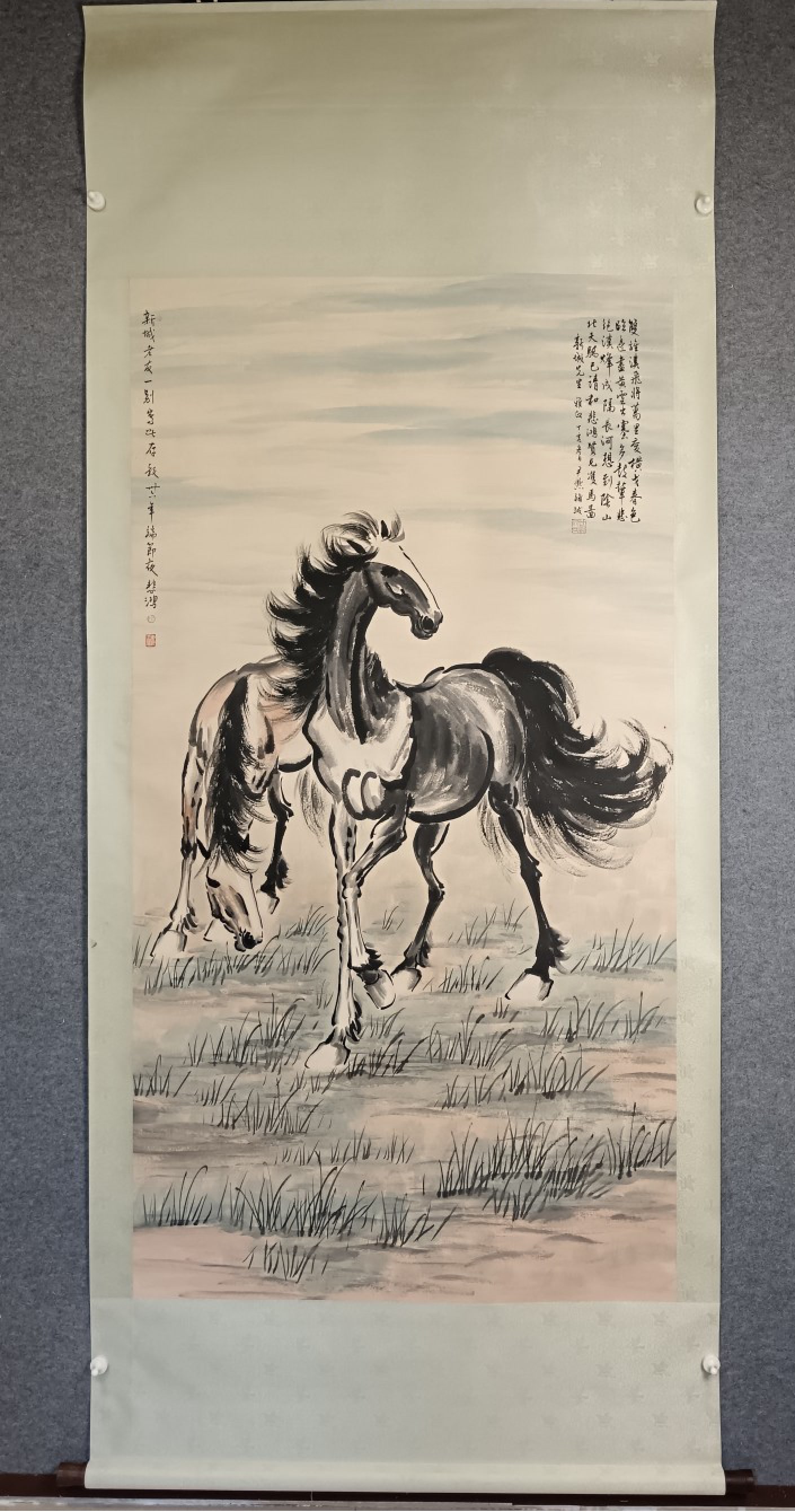 A Chinese Vertical Scroll Ink Painting of Horse on Paper: A Chinese Vertical Scroll Ink Painting of Horse on Paper,Xu Beihong,Size:36.6inx69.3in 一幅中国水墨骏马画立轴,徐悲鸿