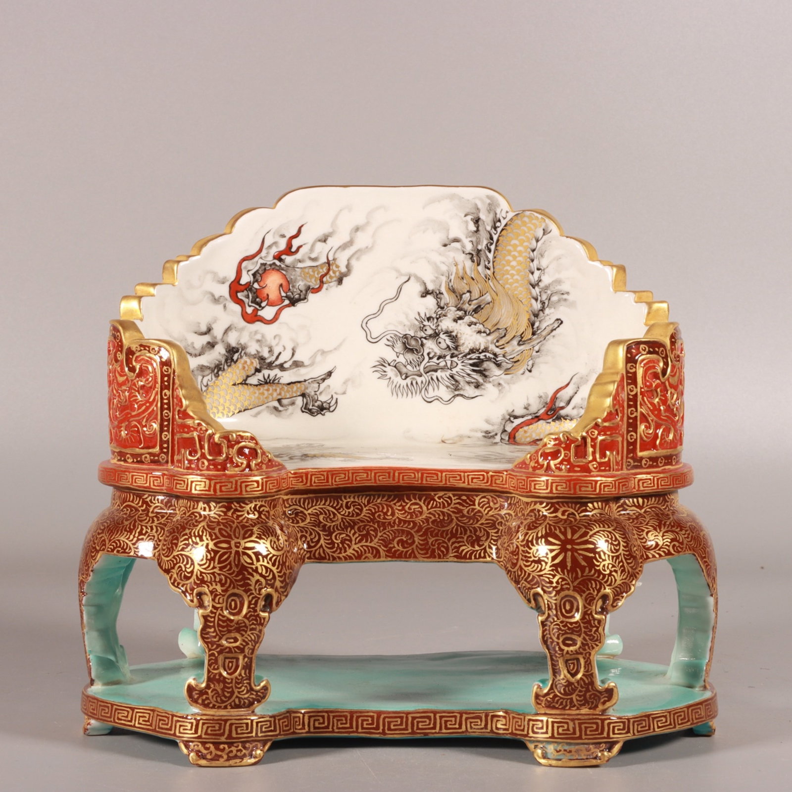 An Exquisite Enamel Painted Gold Auspicious Cloud and Dragon Pattern Chair,with an Imperial Poem by: An Exquisite Enamel Painted Gold Auspicious Cloud and Dragon Pattern Chair,with an Imperial Poem by Emperor Qianlong,Qing Dynasty,China,Qianlong Four-character Mark,Size:5.9inx6.5inx3.7in 珐