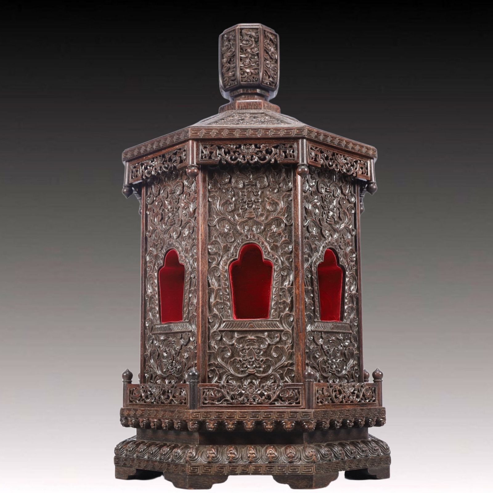 A Huge Zitanwood Lotus Pattern Niche: A Huge Zitanwood Lotus Pattern Niche,Qing Dynasty, China,Size:11inx18.5in,Weight:6300g 紫檀木缠枝莲纹佛龛,中国清代