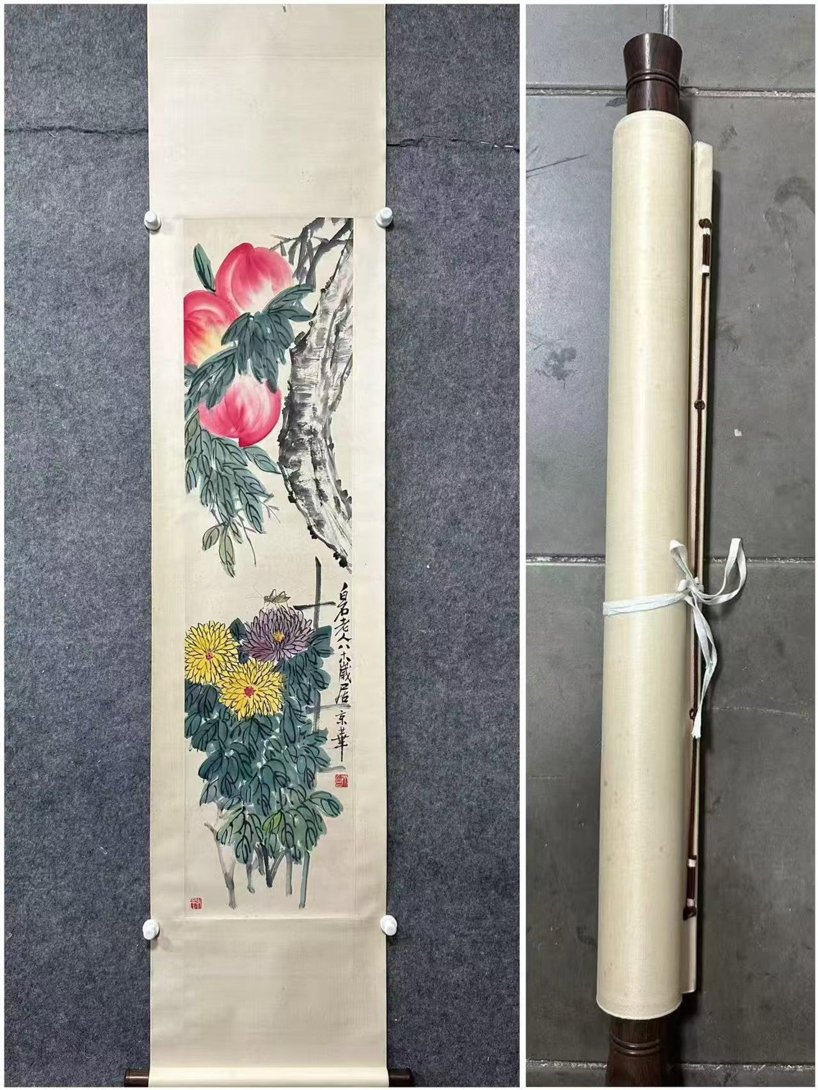 A Chinese Vertical Scroll Ink Painting of Flower and Fruit on Paper: A Chinese Vertical Scroll Ink Painting of Flower and Fruit on Paper,Qi Baishi,Size:13.4inx55.1in 一幅中国水墨花果画立轴,齐௙