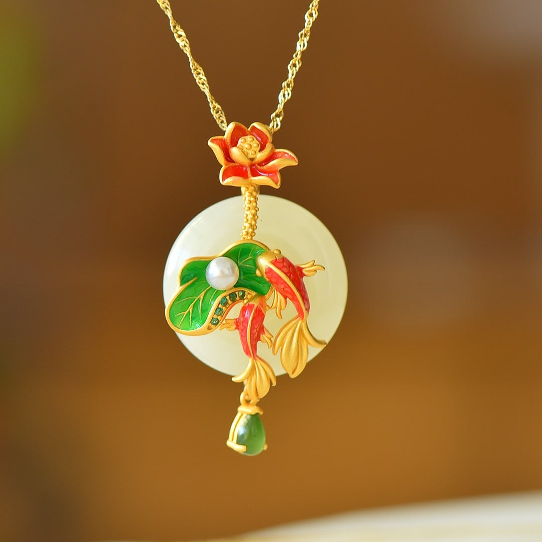 An Exquisite Sterling Silver-Gold Plated Inlaid White Jade Enamel Pendant: An Exquisite Sterling Silver-Gold Plated Inlaid White Jade Enamel Pendant 纯银镀金镶白玉珐琅吊坠