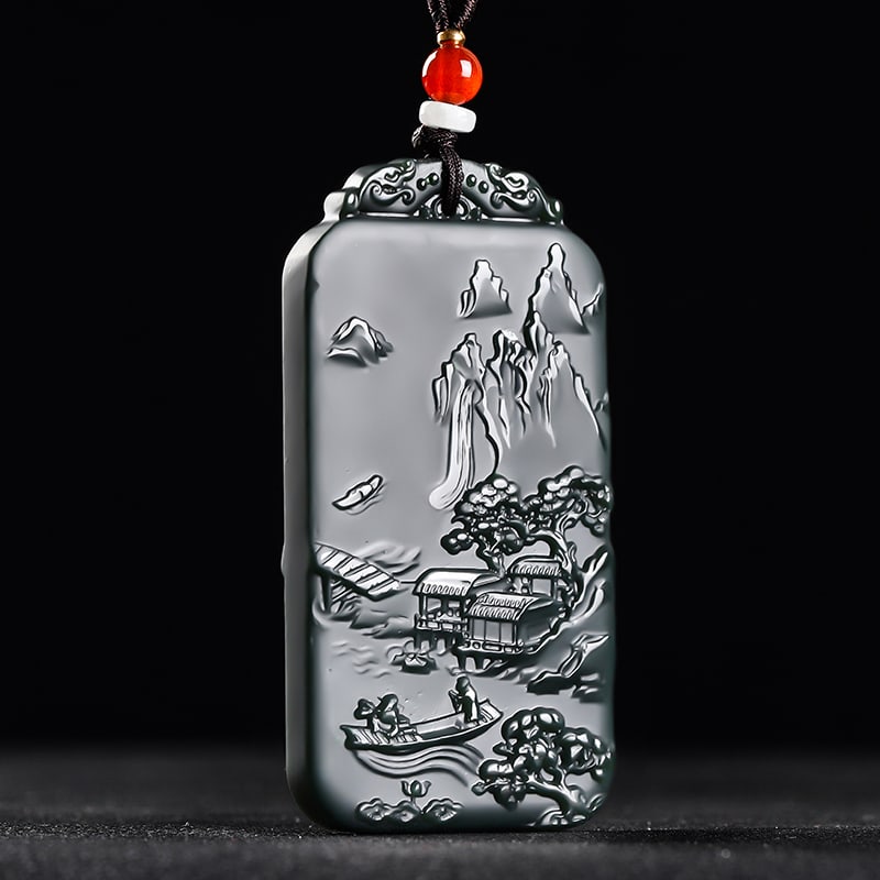 An Exquisite Cyan jade Landscape and Figure Pattern Pendant: An Exquisite Cyan jade Landscape and Figure Pattern Pendant,Size:70mmx38mmx8mm 青玉山水人物纹挂件