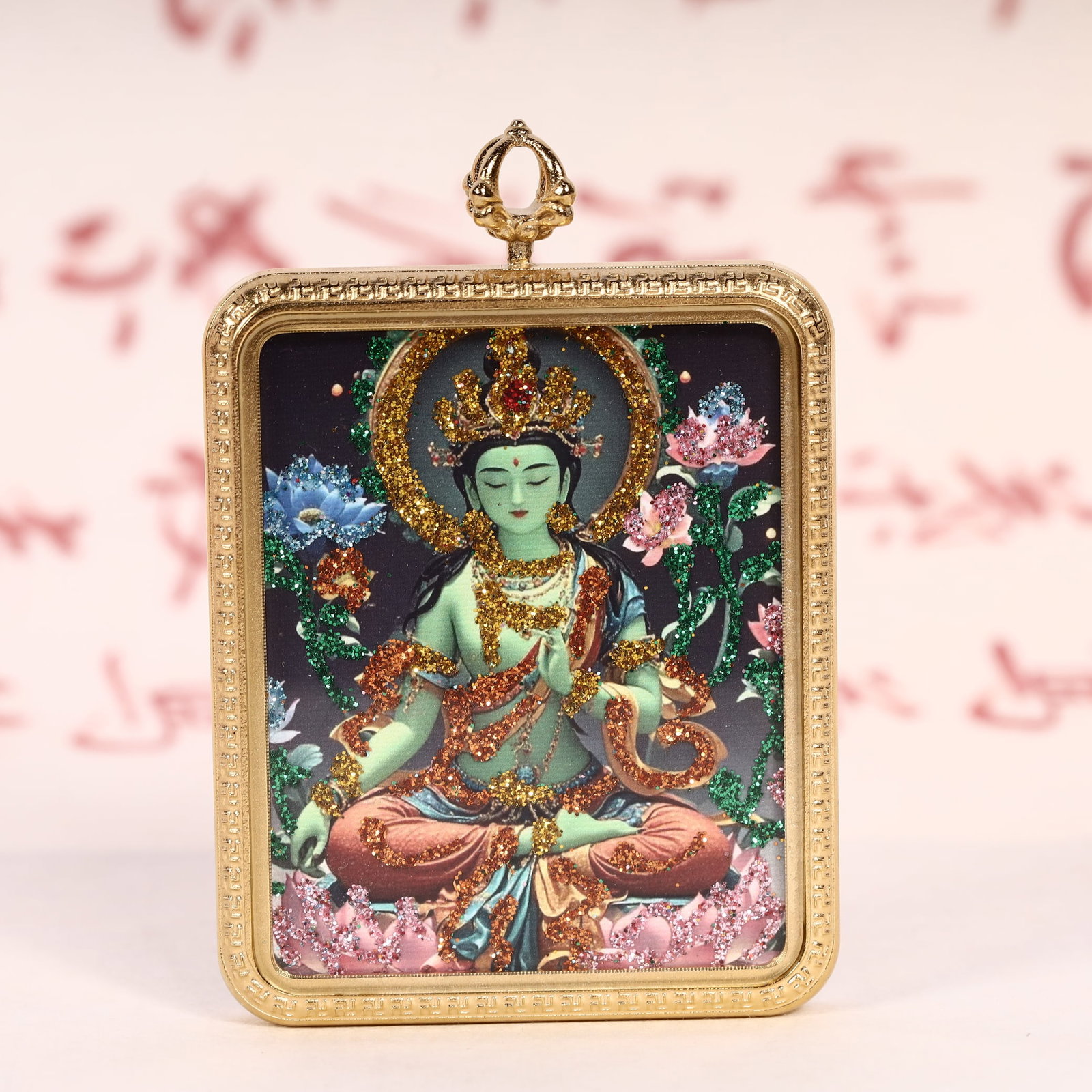 An Exquisite Painted Color Statue of Green Tara Tangka: An Exquisite Painted Color Statue of Green Tara Tangka,Size:2inx2.8in 彩绘绿度母像唐卡