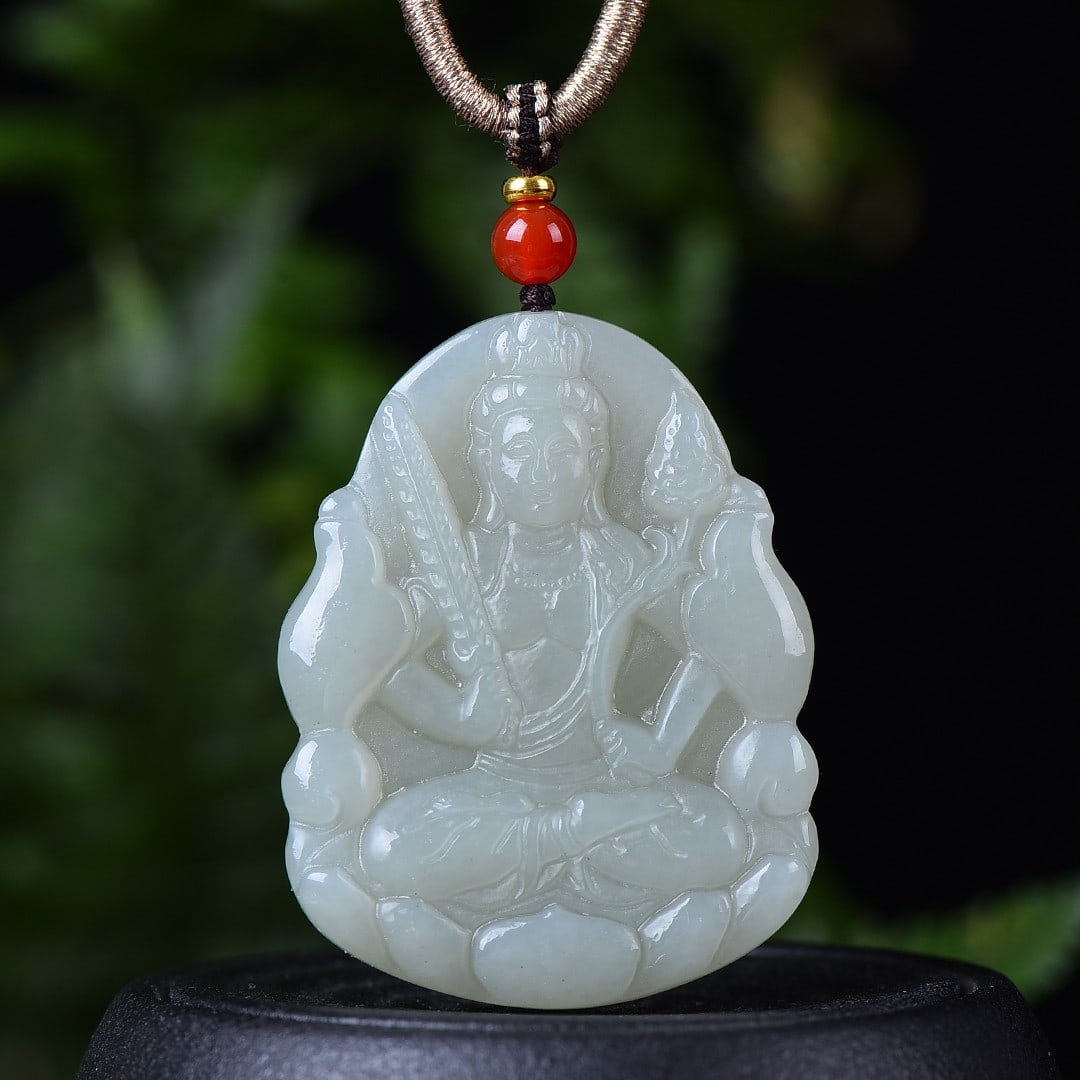 An Exquisite White Jade Statue of Manjusri Pendant: An Exquisite White Jade Statue of Manjusri Pendant,Size:37mmx48mm 白玉文殊菩萨像挂件