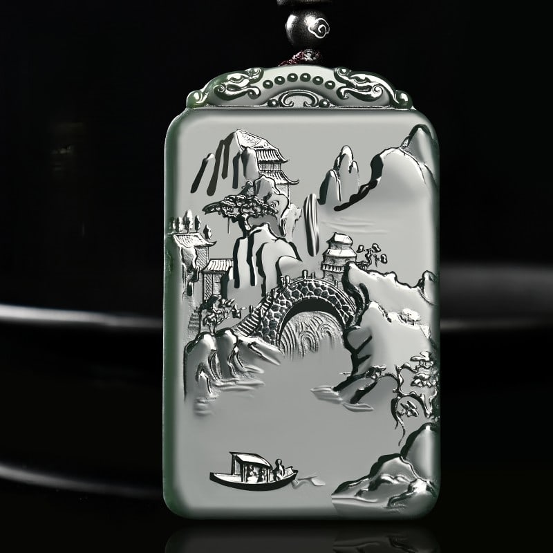 An Exquisite Cyan jade Landscape and Figure Pattern Pendant: An Exquisite Cyan jade Landscape and Figure Pattern Pendant,Size:63mmx38mmx9mm 青玉山水人物纹挂件