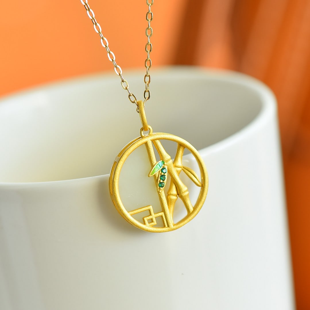 An Exquisite Sterling Silver-Gold Plated Inlaid White Jade Bamboo Pattern Necklace,Inlaid Gems: An Exquisite Sterling Silver-Gold Plated Inlaid White Jade Bamboo Pattern Necklace,Inlaid Gems,Size:9mmx20mm