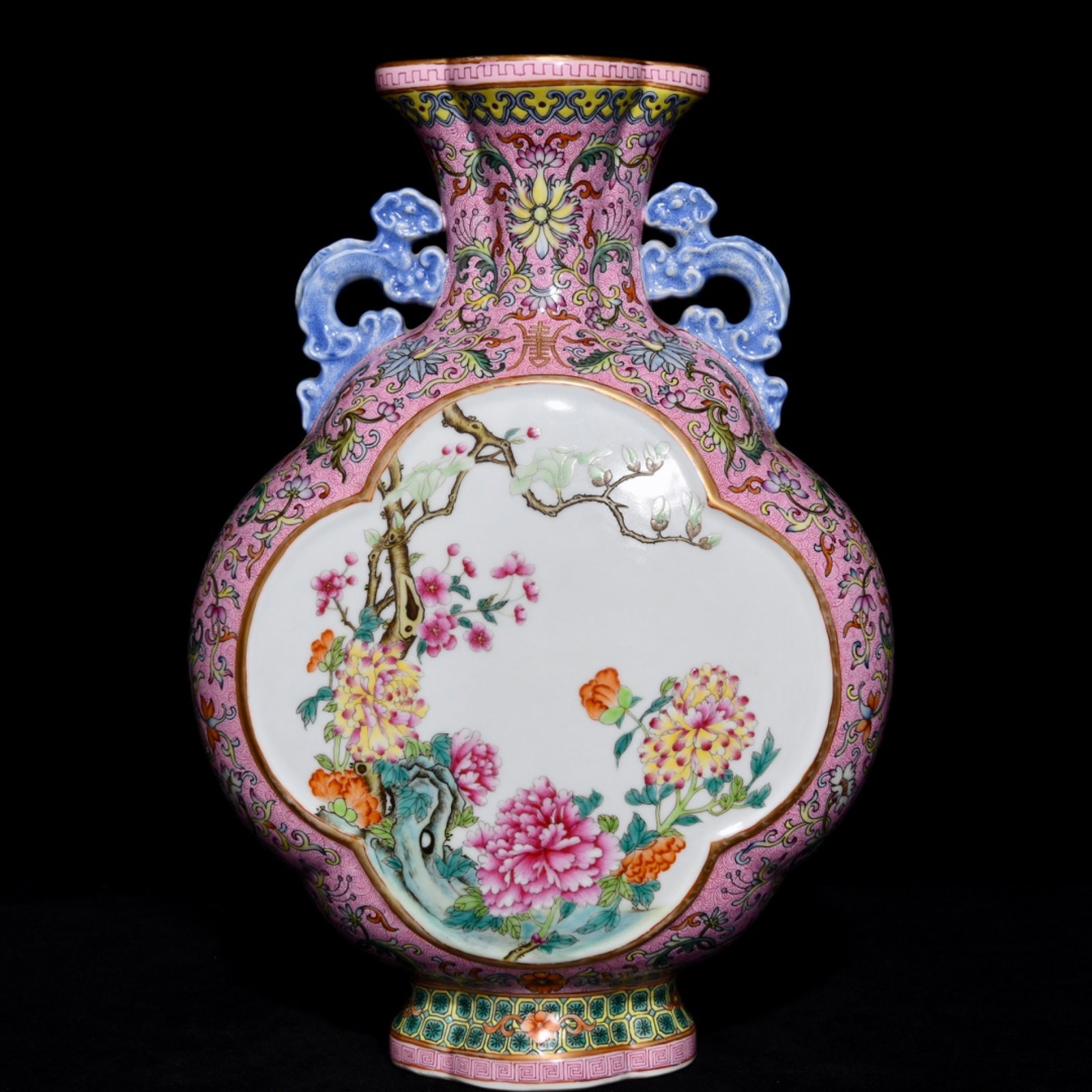 A Rare Famille-Rose Flower Pattern Double-Ears Vase: A Rare Famille-Rose Flower Pattern Double-Ears Vase,Qing Dynasty,China,Qianlong Six-Character Mark,Size:12.9inx8.5in 粉彩花卉纹双耳瓶,中国&#