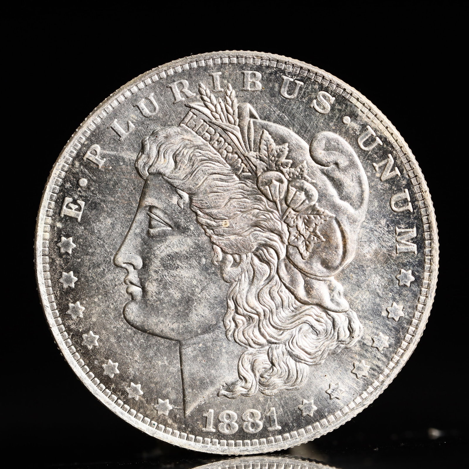 USA Morgan Dollar 1881 Coin: Obv: profile bust with date below and E PLURIBUS UNUM legend and stars around. Rev: eagle with In God we trust above within wreath with UNITED STATES OF AMERICA ONE DOLLAR legend. IN GOD WE TRUST / LI