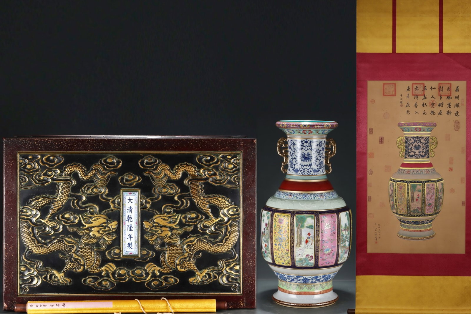 A Huge Enamel Gilt Flower Pattern Double-Ears Vase,with Chinese Vertical Scroll Ink Painting on Silk: A Huge Enamel Gilt Flower Pattern Double-Ears Vase,with Chinese Vertical Scroll Ink Painting on Silk,Size:(Silk)42.1inx24in,(Porcelain)33.5inx16.9in,Qing Dynasty,China,Qianlong Six-Character Mark 