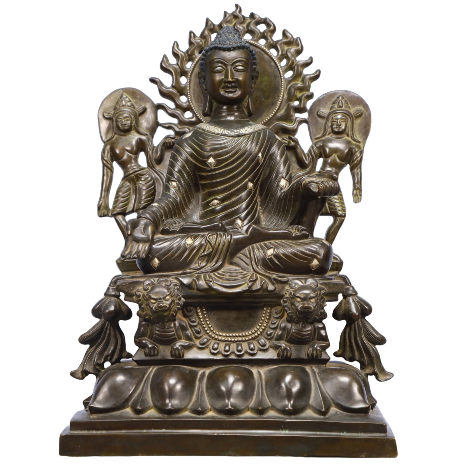 A Solemn Bronze Inlaid Silver Statue of Sakyamuni, With Inscription: A Solemn Bronze Inlaid Silver Statue of Sakyamuni, With Inscription,Qing Dynasty, China,Qianlong Mark,Size:8.7inx5.9inx13in,Weight:7750g 铜嵌银释迦摩尼像