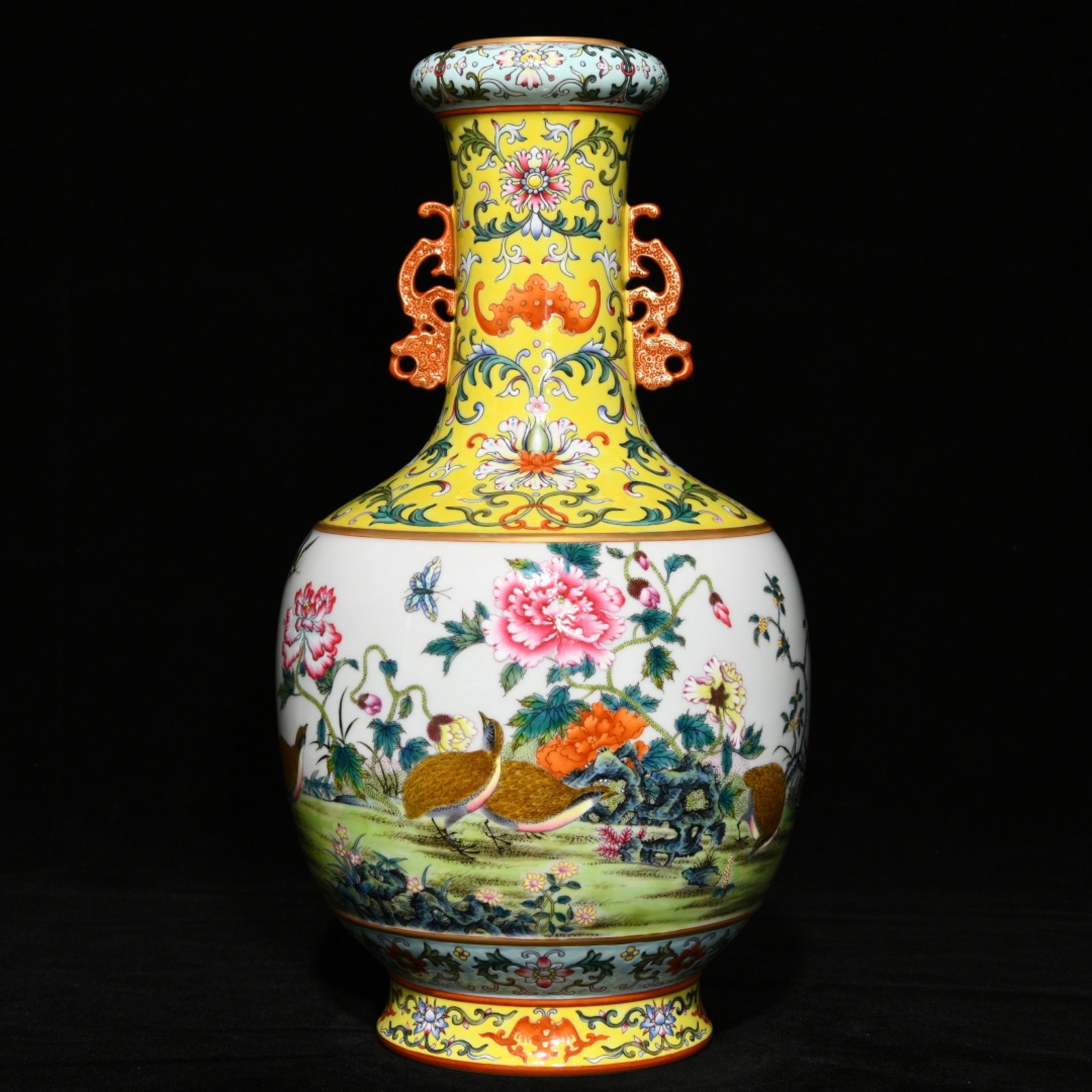 A Rare Famille-Rose Flower and Bird Pattern Double-Ears Vase,with poem: A Rare Famille-Rose Flower and Bird Pattern Double-Ears Vase,with poem,Qing Dynasty,China,Qianlong Six-character Mark,Size:13.4inx7.1in 粉彩花鸟纹双耳瓶
