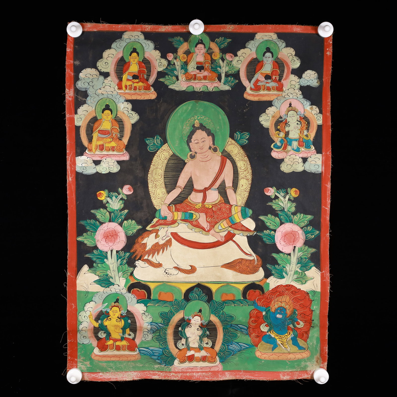 A Rare Painted Color Statue of Manjusri Tangka: A Rare Painted Color Statue of Manjusri Tangka,Qing Dynasty, China,Size:19.9inx27in 彩绘文殊菩萨像唐卡,中国清代