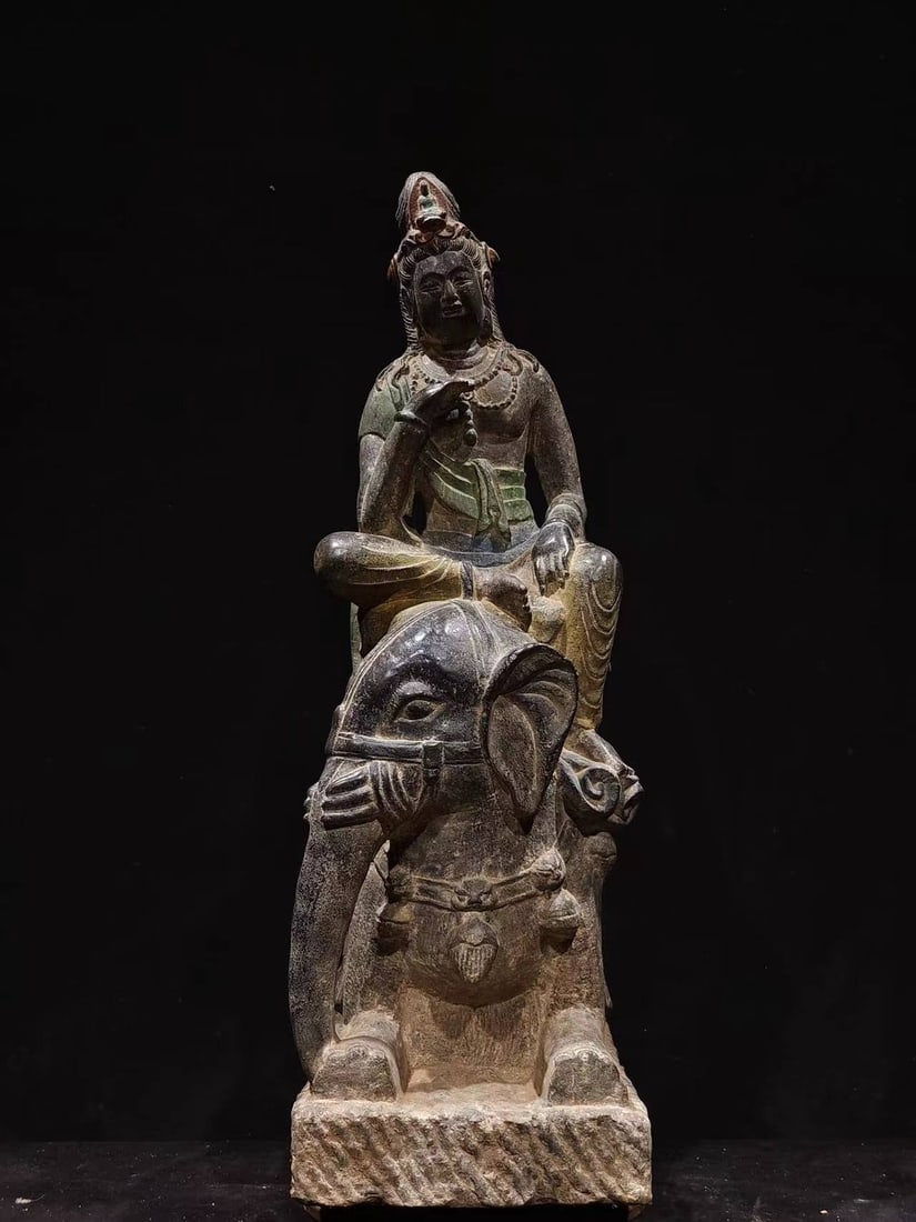 A Rare Limestone Statue of Samantabhadra Ornament: A Rare Limestone Statue of Samantabhadra Ornament,Qing Dynasty, China,Size:32.3inx15.7inx10.2in 青石普贤菩萨像摆件,中国清代