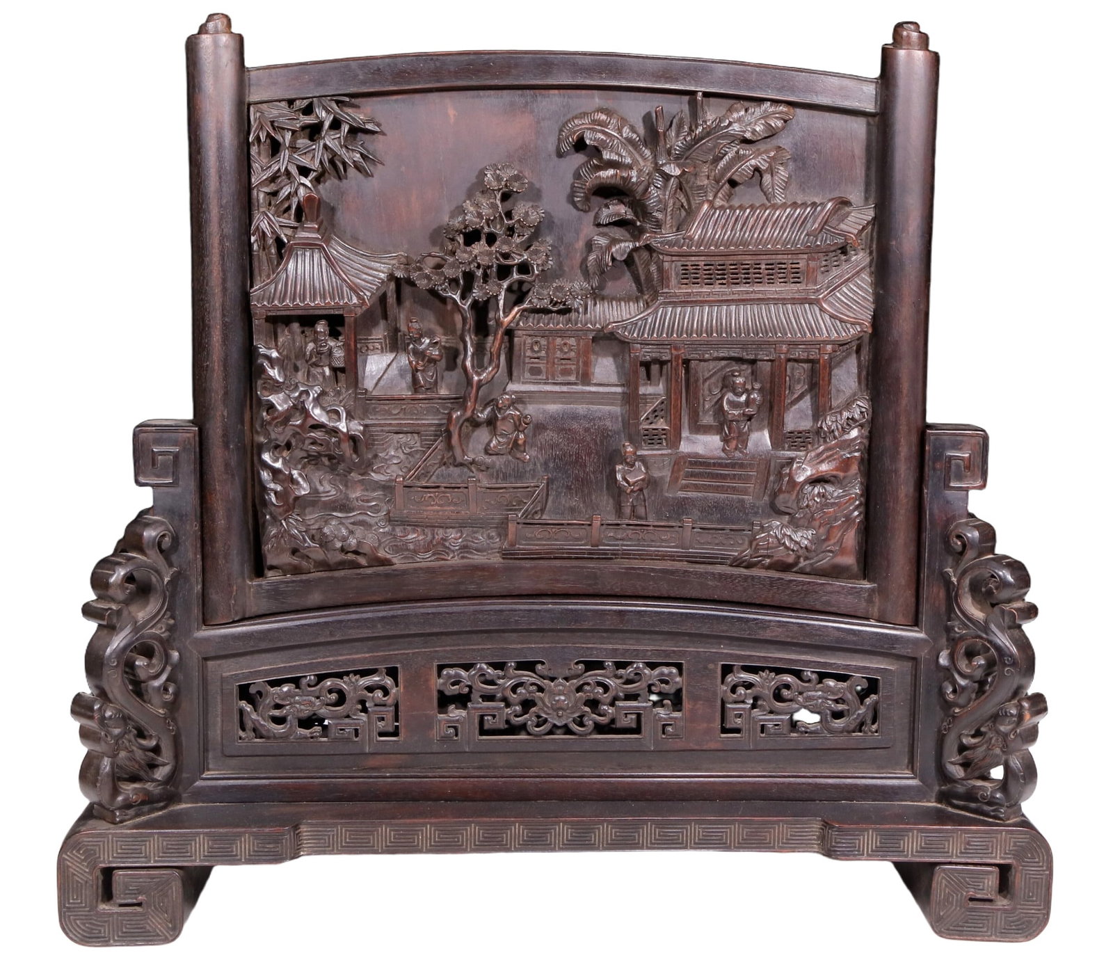 An exquisite zitanwood table screen with landscape and figure patterns: An exquisite zitanwood table screen with landscape and figure patterns, with a poem inscribed by Emperor Qianlong, Qing Dynasty , China. using zitanwood as the base material and filled with lacquer us