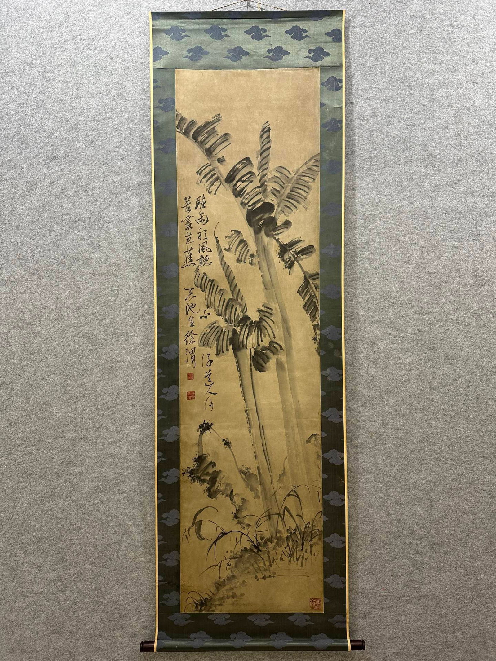 A Chinese Vertical Scroll Ink Painting of Landscape on Paper: A Chinese Vertical Scroll Ink Painting of Landscape on Paper,Xu Wei,Size:18.5inx70.5in 一幅中国水墨山水画立轴,徐渭