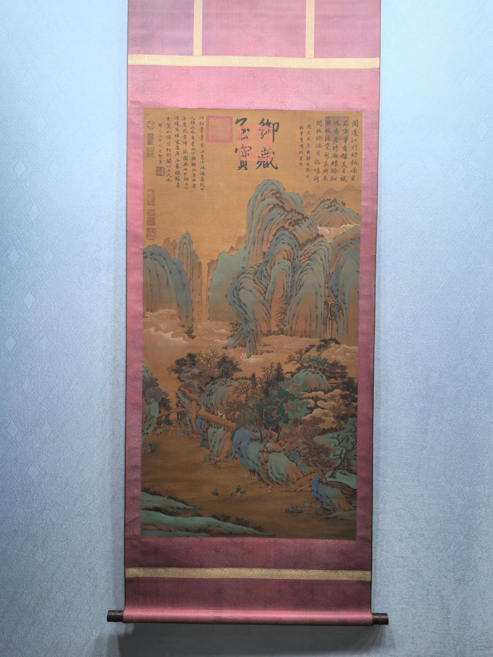 A Chinese Vertical Scroll Ink Painting of Landscape on Silk: A Chinese Vertical Scroll Ink Painting of Landscape on Silk,Li Sixun,Size:26.2inx51.8in 一幅中国水墨绢本山水画立轴,李