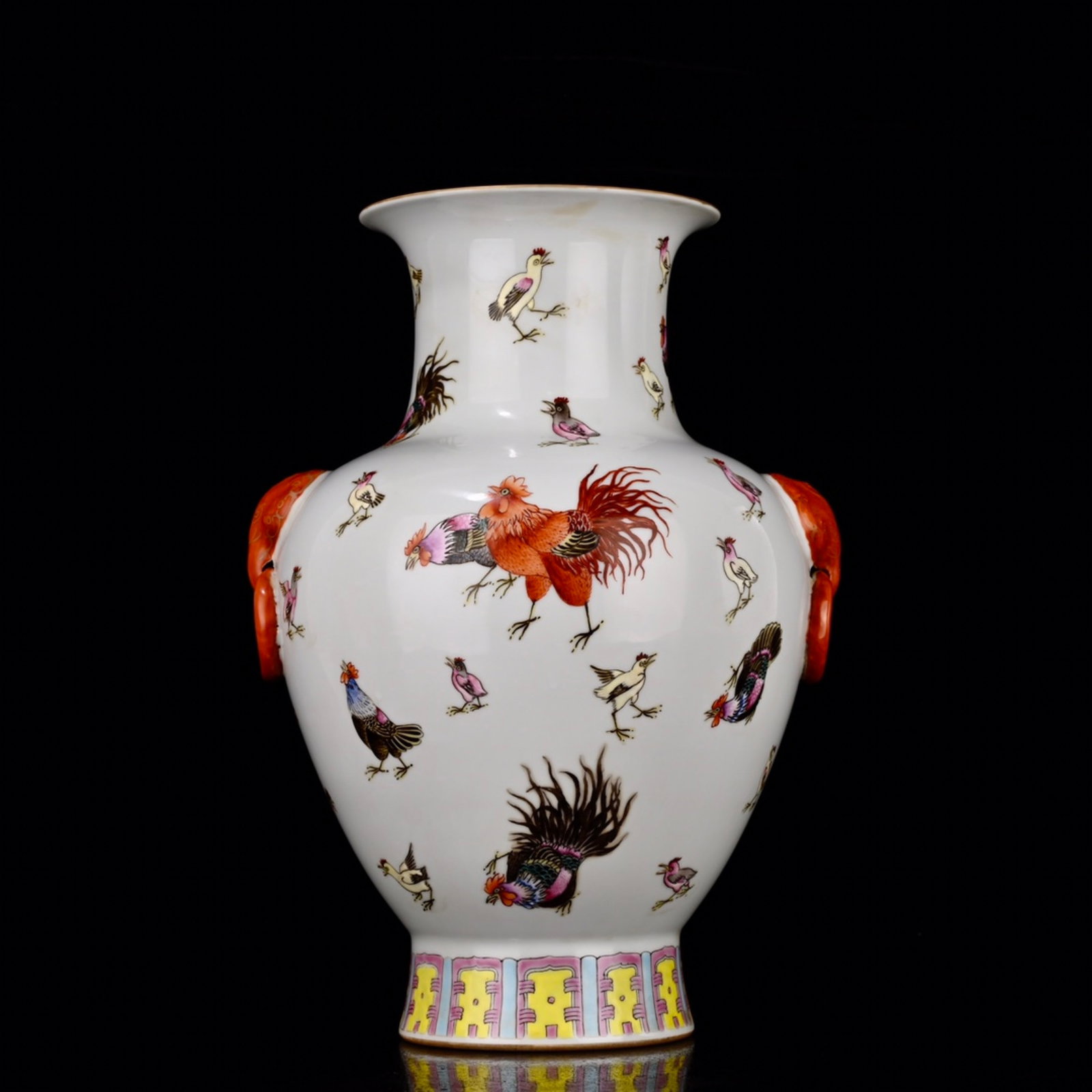 An Exquisite Enamel Rooster Pattern Elephant-Ears Vase: An Exquisite Enamel Rooster Pattern Elephant-Ears Vase,Qing Dynasty,China,Qianlong Six-character Mark,Size:12.2inx8.7in 珐琅彩鸡纹象耳瓶,中国