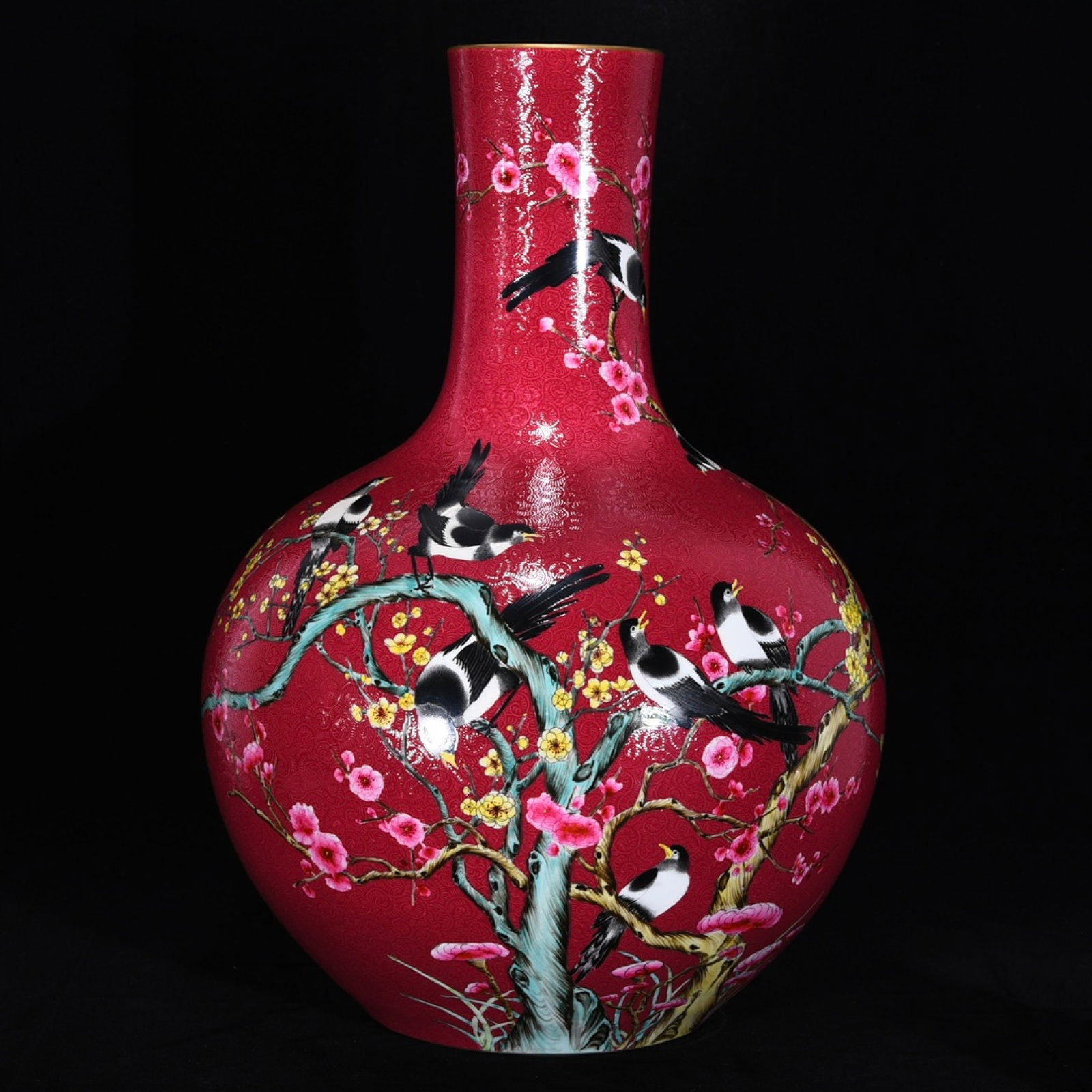 A Huge Ruby Red-Glazed Flower and Bird Pattern Vase: A Huge Ruby Red-Glazed Flower and Bird Pattern Vase,Qing Dynasty,China,Qianlong Six-character Mark,Size:21.7inx15in