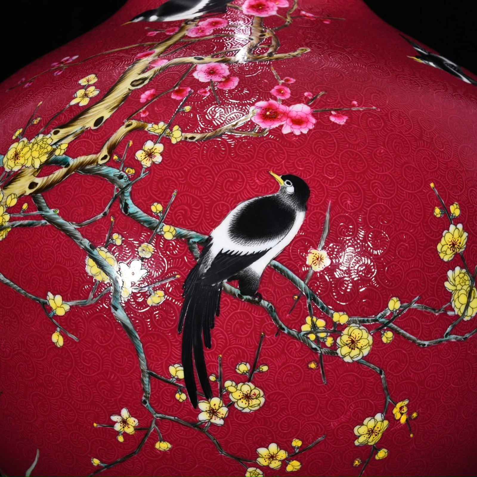 A Huge Ruby Red-Glazed Flower and Bird Pattern Vase - 8